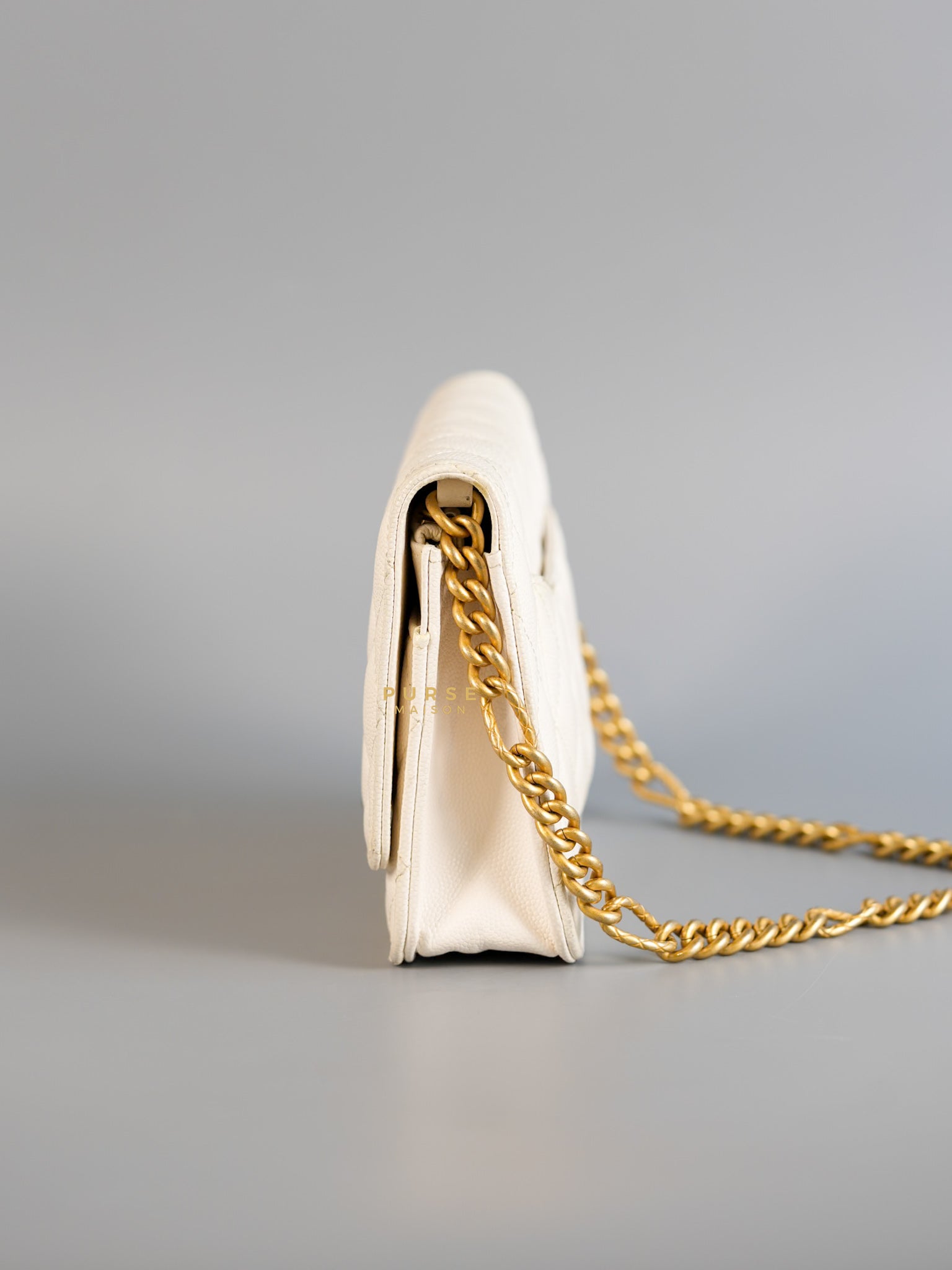 Wallet on Chain (WOC) in White Caviar Leather & Aged Gold Hardware (Microchip) | Purse Maison Luxury Bags Shop