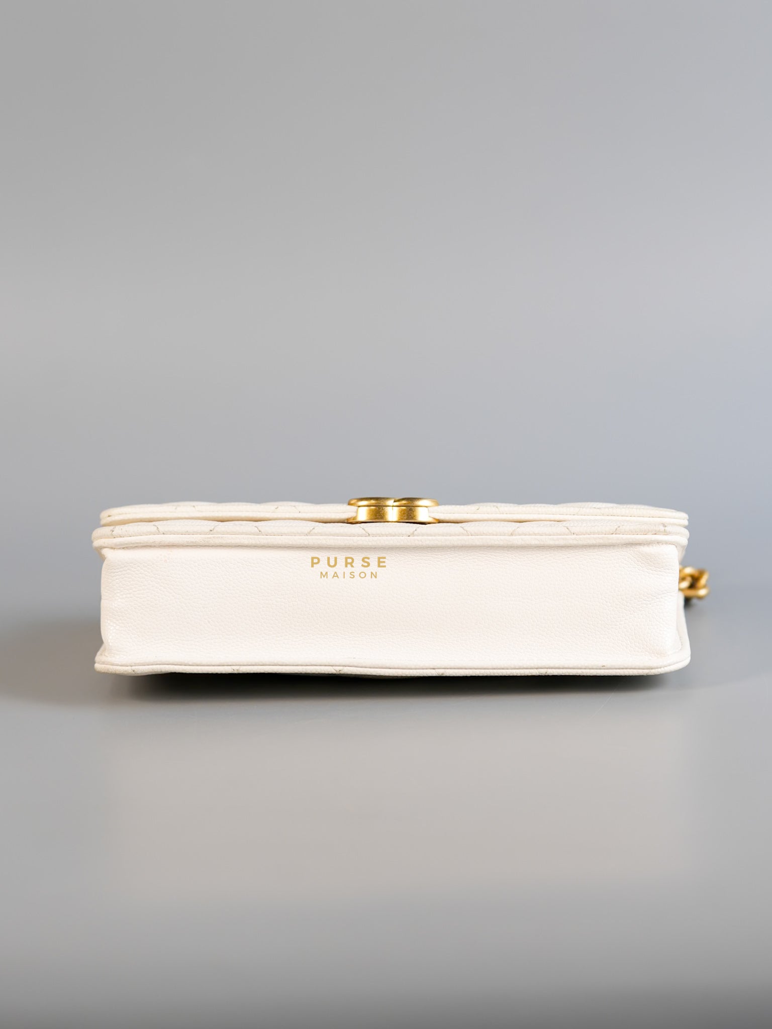 Wallet on Chain (WOC) in White Caviar Leather & Aged Gold Hardware (Microchip) | Purse Maison Luxury Bags Shop