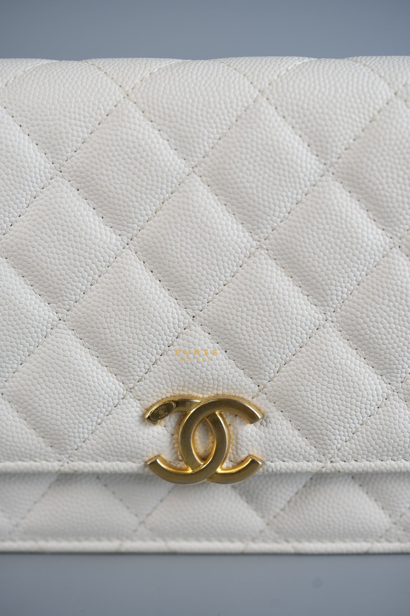 Wallet on Chain (WOC) in White Caviar Leather & Aged Gold Hardware (Microchip) | Purse Maison Luxury Bags Shop