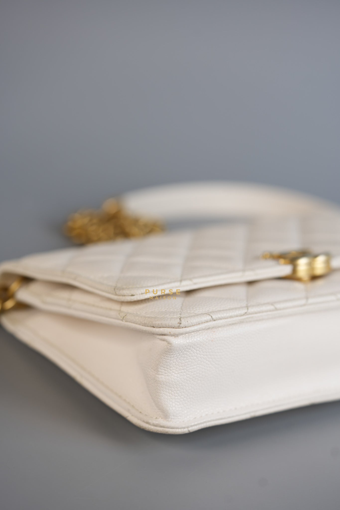 Wallet on Chain (WOC) in White Caviar Leather & Aged Gold Hardware (Microchip) | Purse Maison Luxury Bags Shop