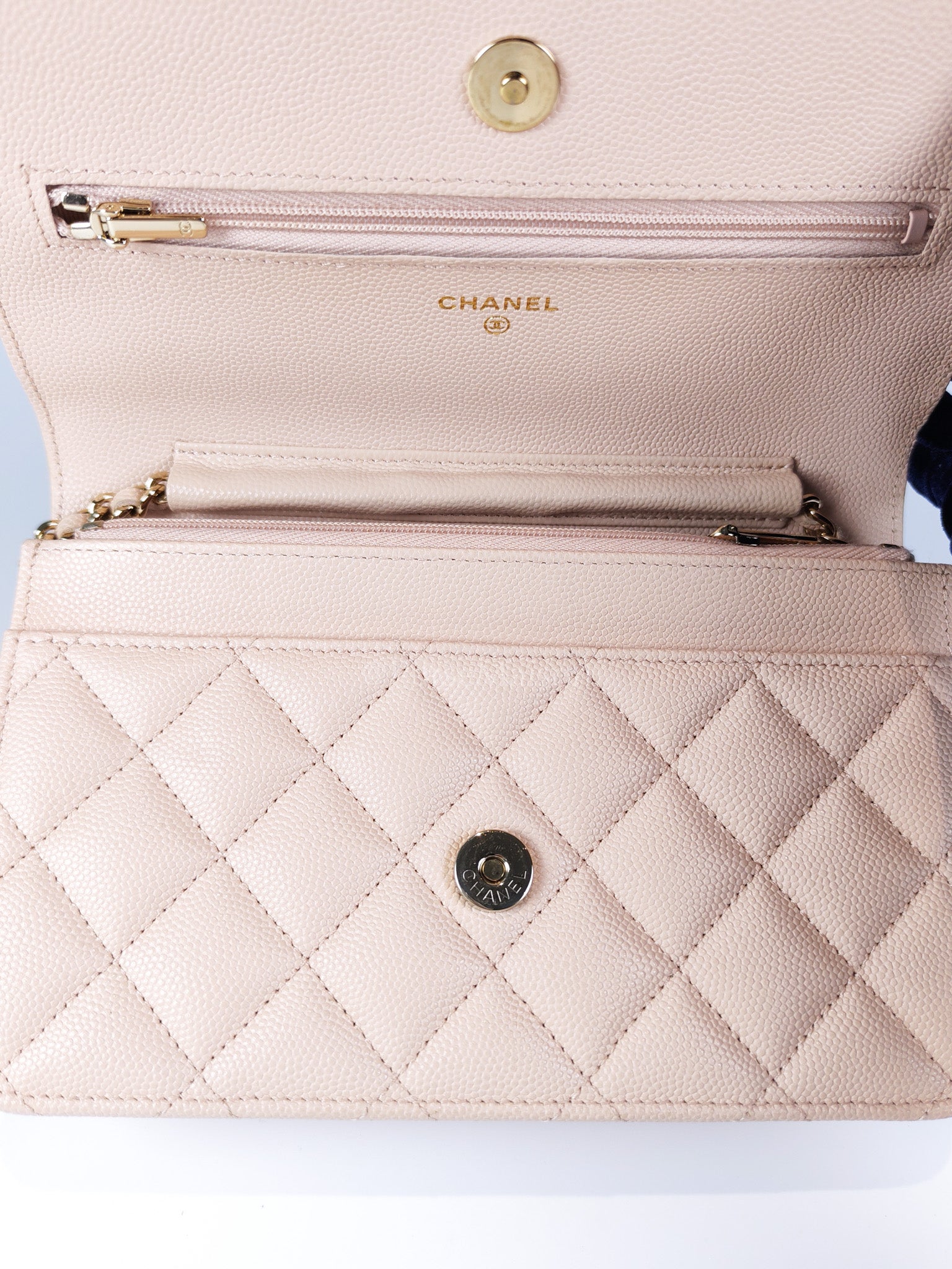 Wallet On Chain (WOC) Pale Beige Pink in Caviar Leather and Light Gold Hardware (Microchip) | Purse Maison Luxury Bags Shop