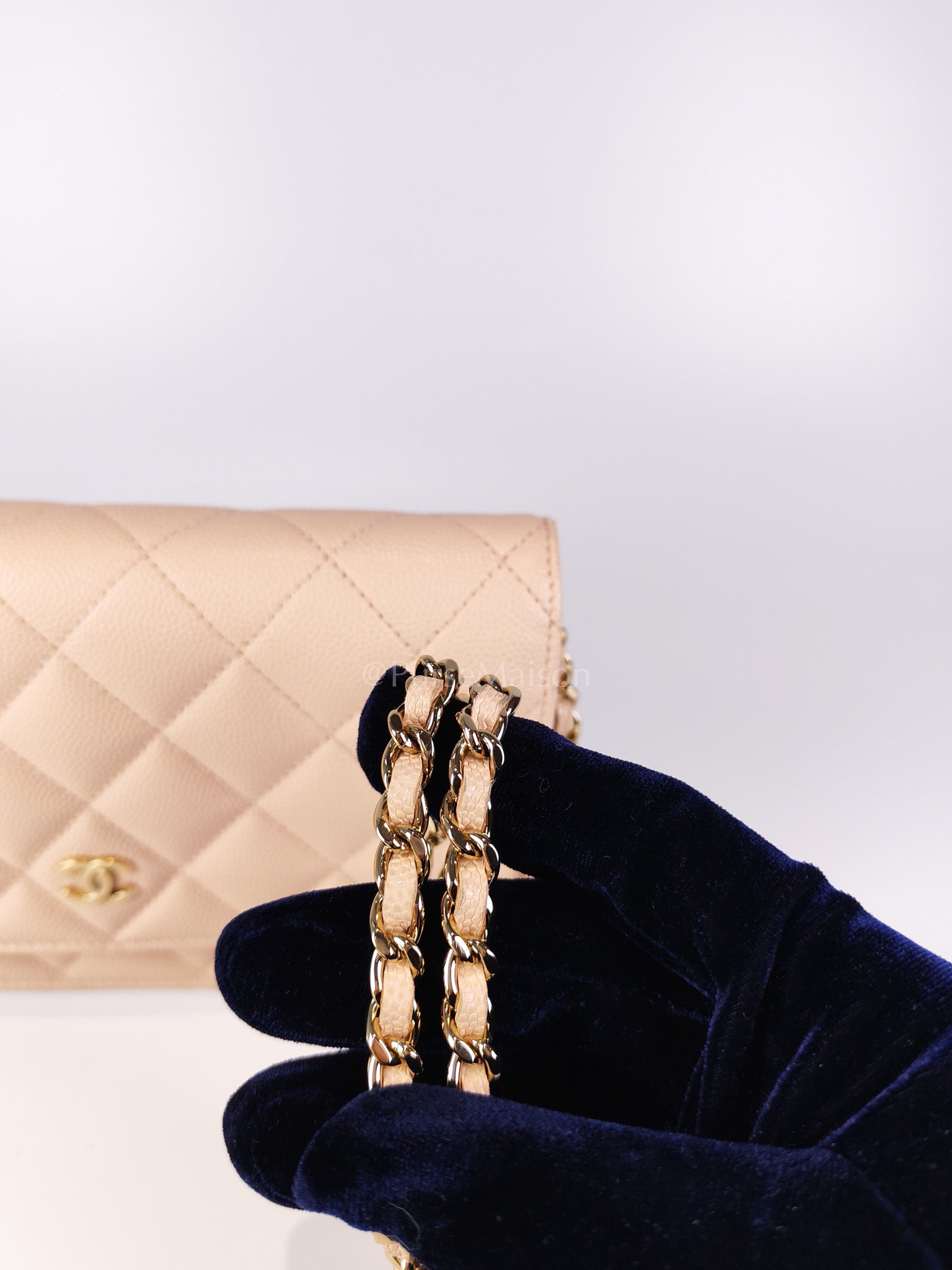 Wallet On Chain (WOC) Pale Beige Pink in Caviar Leather and Light Gold Hardware (Microchip) | Purse Maison Luxury Bags Shop
