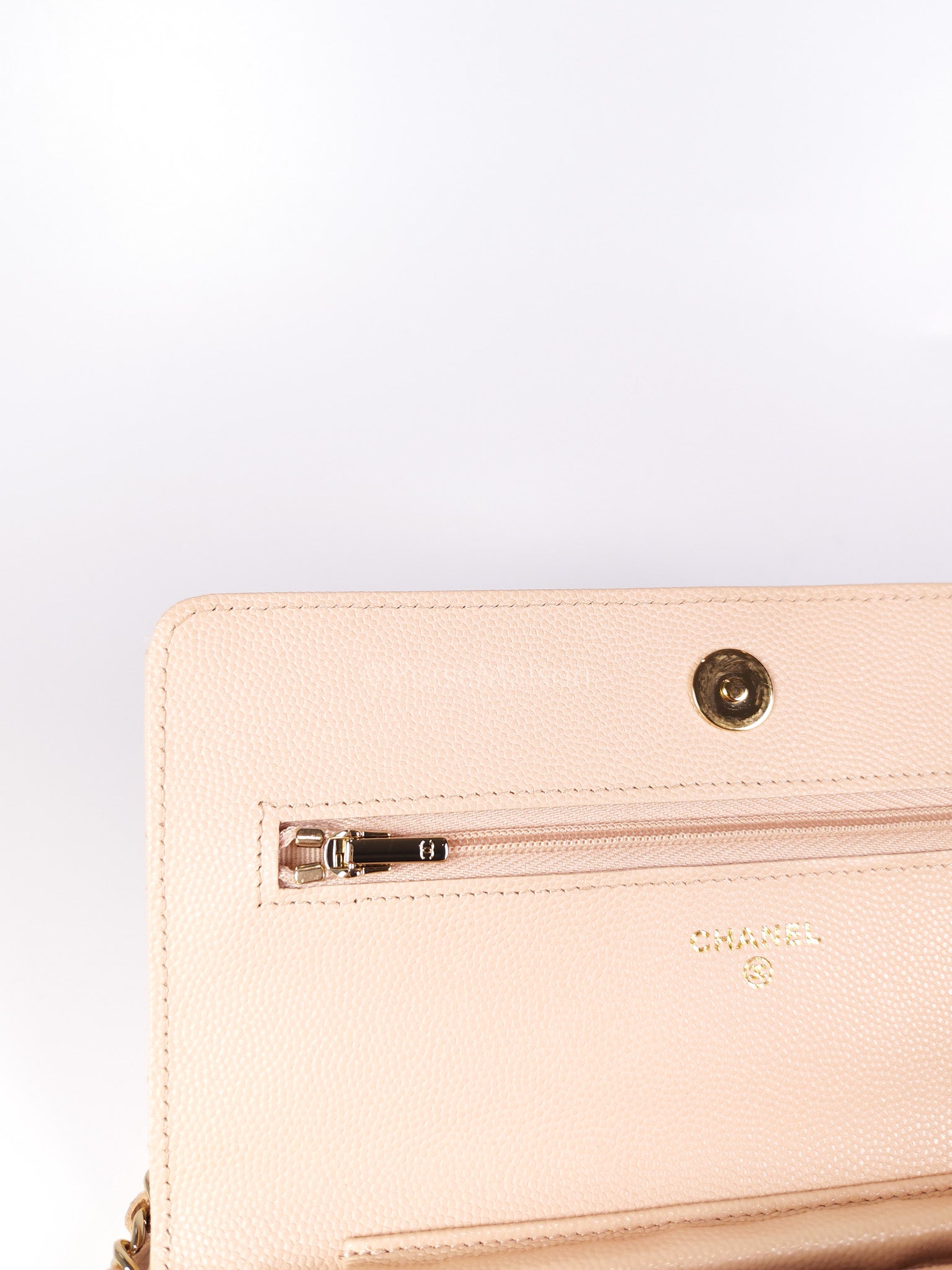 Wallet On Chain (WOC) Pale Beige Pink in Caviar Leather and Light Gold Hardware (Microchip) | Purse Maison Luxury Bags Shop