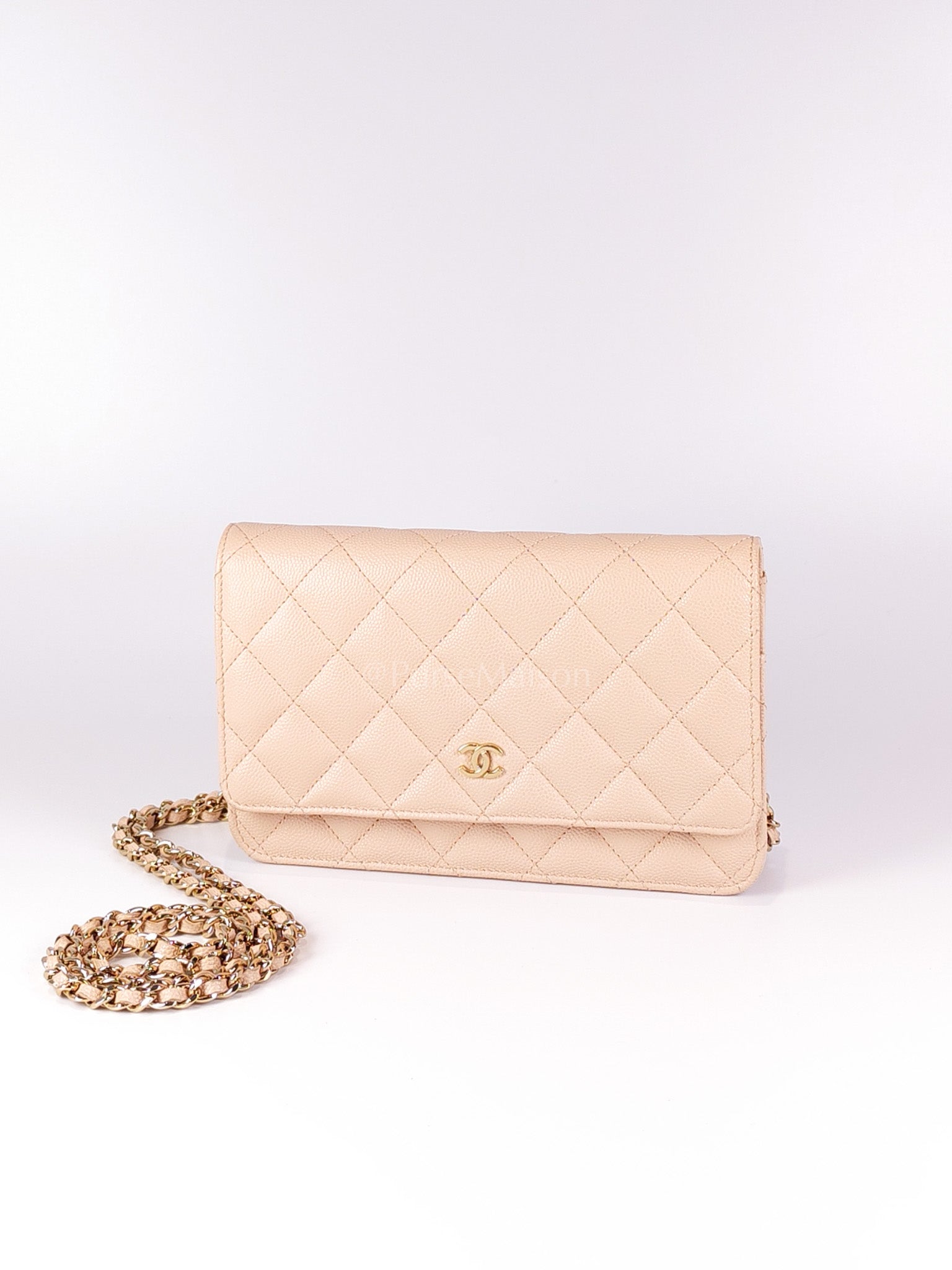 Wallet On Chain (WOC) Pale Beige Pink in Caviar Leather and Light Gold Hardware (Microchip) | Purse Maison Luxury Bags Shop