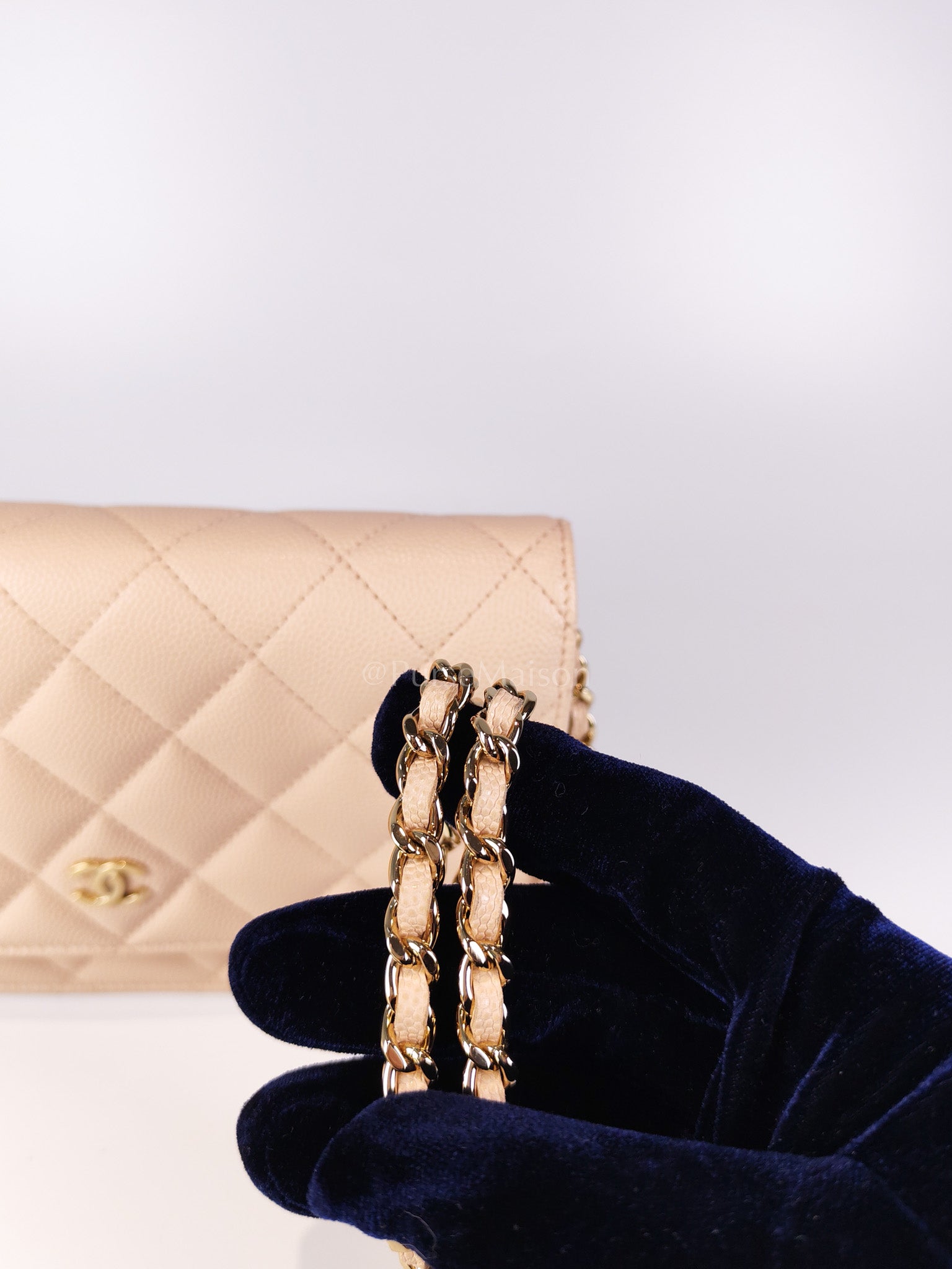 Wallet On Chain (WOC) Pale Beige Pink in Caviar Leather and Light Gold Hardware (Microchip) | Purse Maison Luxury Bags Shop
