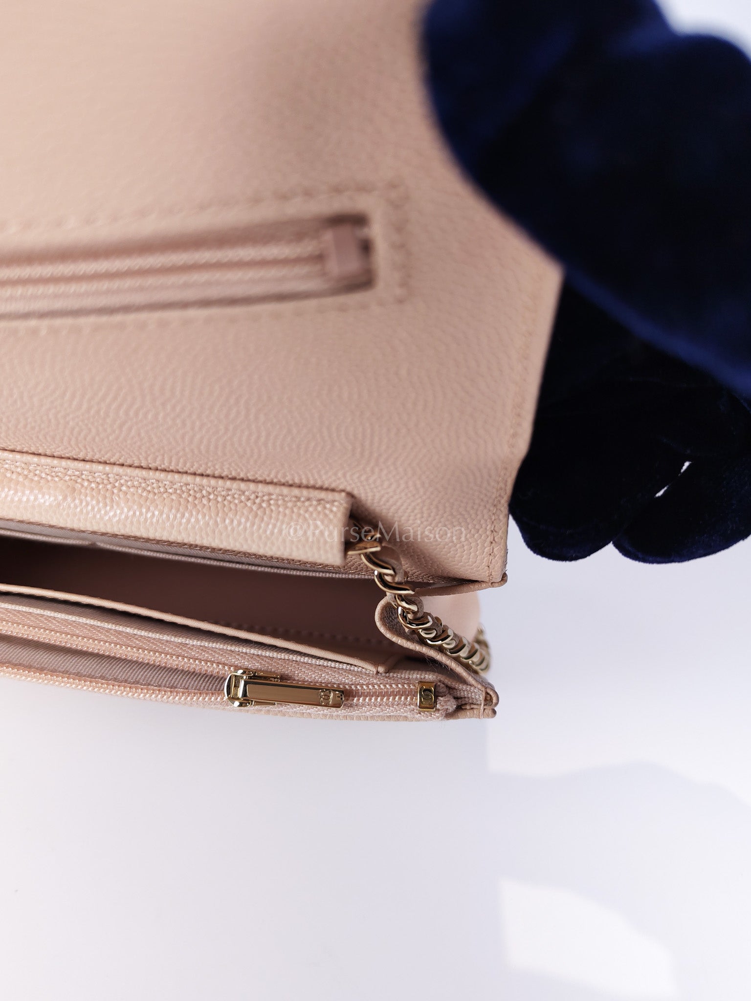 Wallet On Chain (WOC) Pale Beige Pink in Caviar Leather and Light Gold Hardware (Microchip) | Purse Maison Luxury Bags Shop