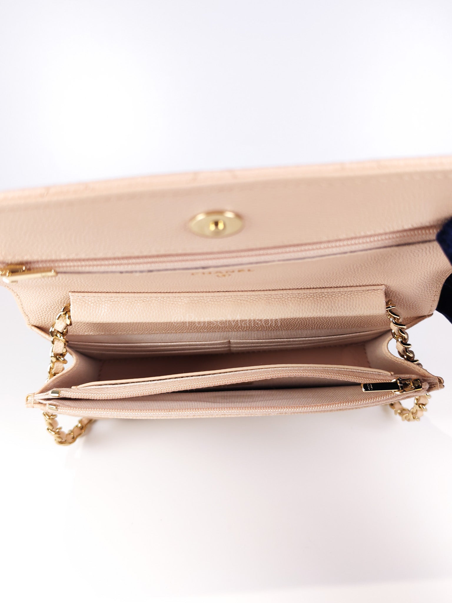 Wallet On Chain (WOC) Pale Beige Pink in Caviar Leather and Light Gold Hardware (Microchip) | Purse Maison Luxury Bags Shop