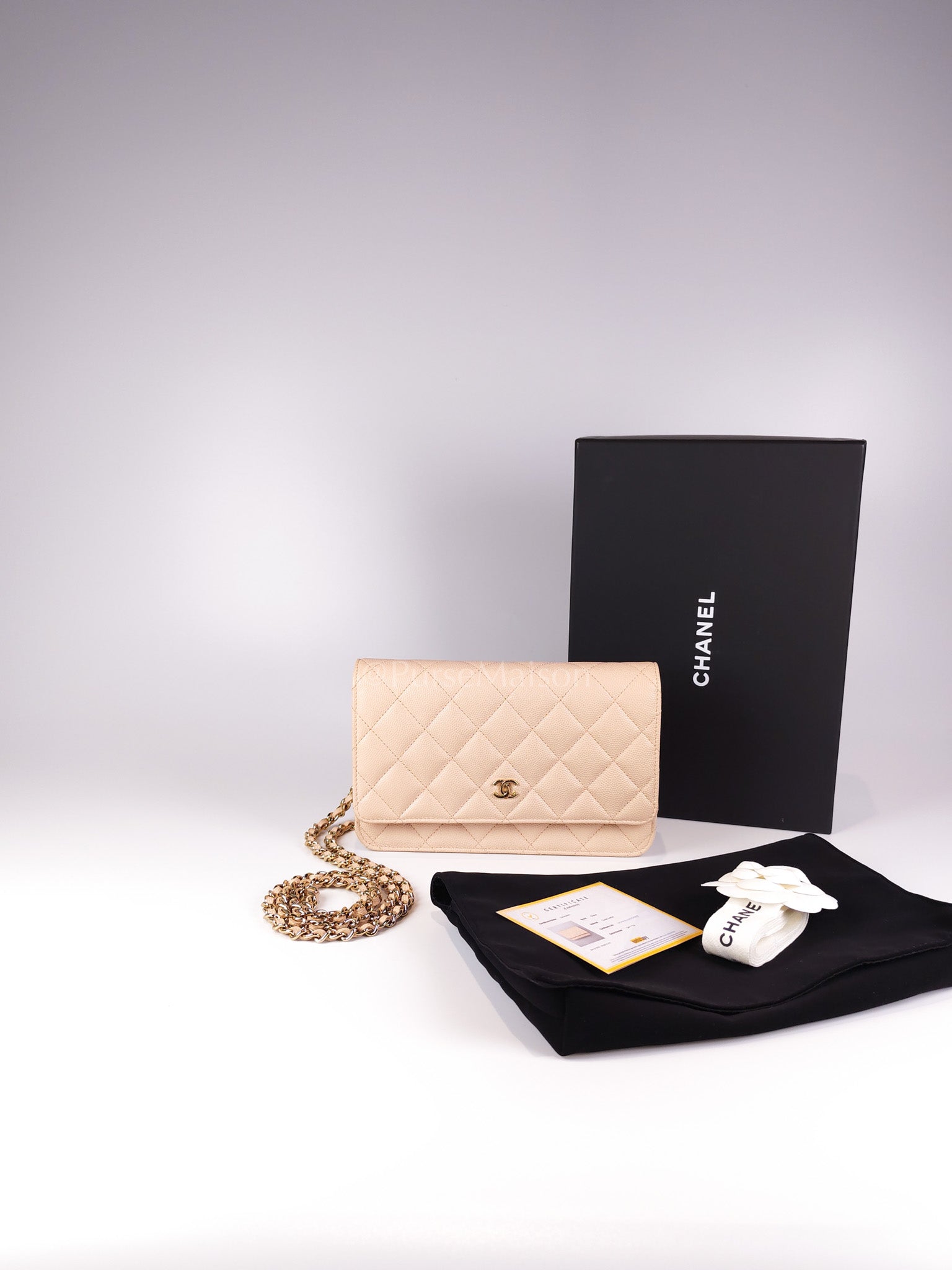 Wallet On Chain (WOC) Pale Beige Pink in Caviar Leather and Light Gold Hardware (Microchip) | Purse Maison Luxury Bags Shop