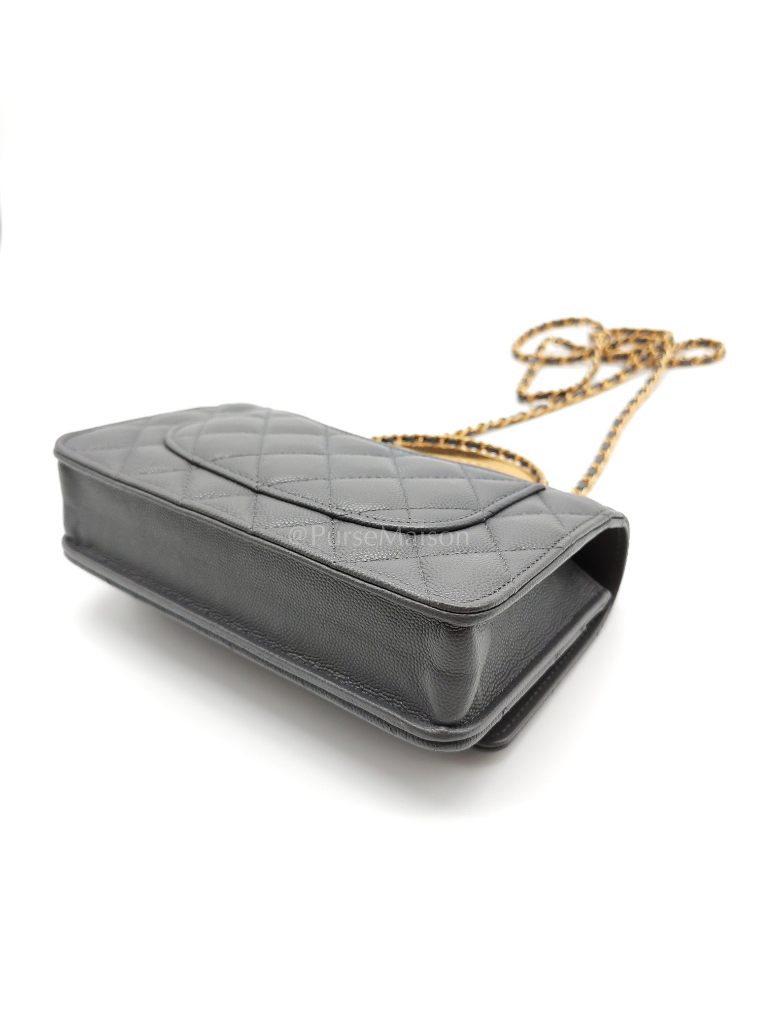 Wallet on Chain (WOC) Top Handle in Gray Quilted Caviar Leather and Aged Gold Hardware (Microchip) | Purse Maison Luxury Bags Shop