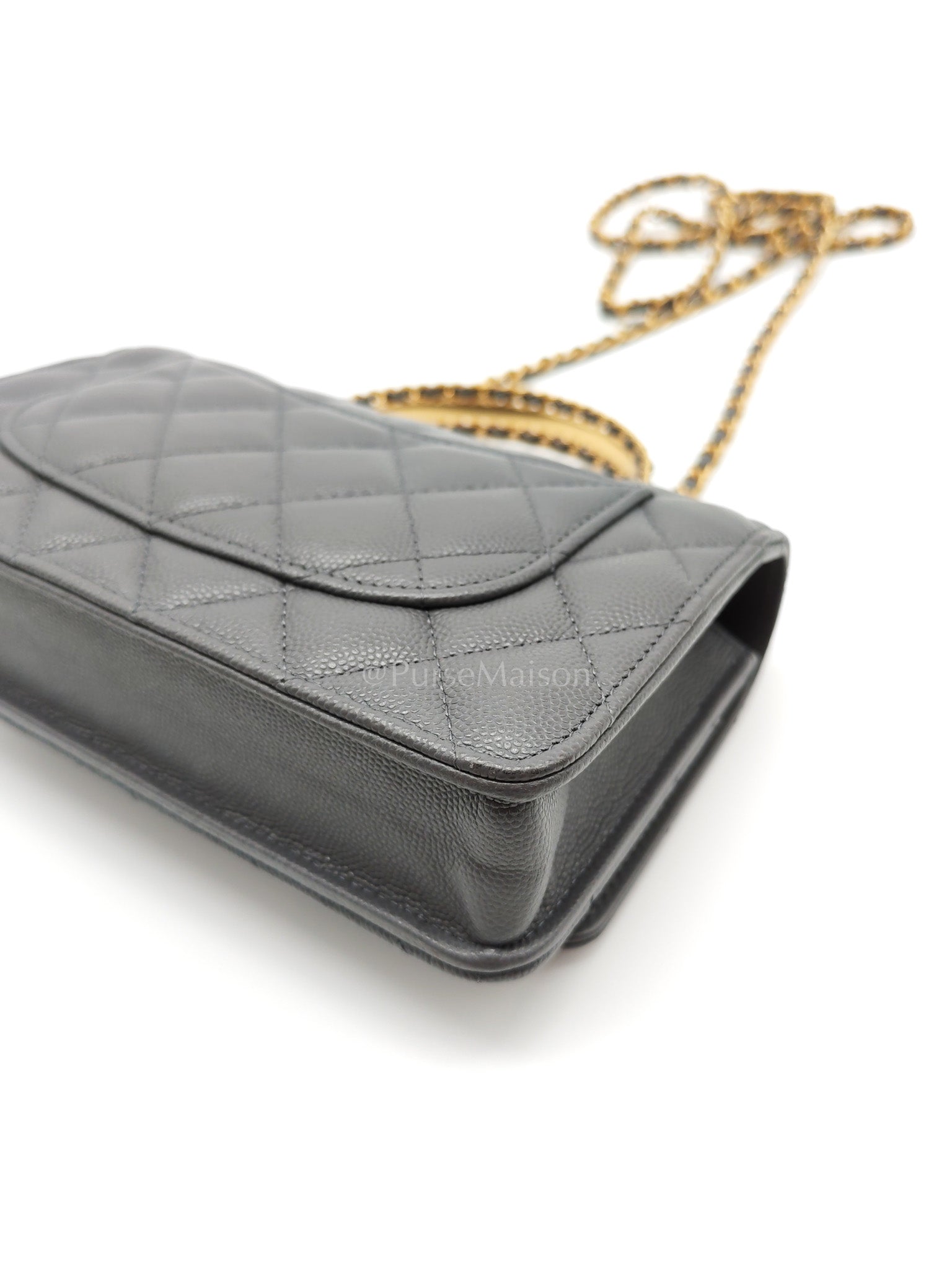 Wallet on Chain (WOC) Top Handle in Gray Quilted Caviar Leather and Aged Gold Hardware (Microchip) | Purse Maison Luxury Bags Shop