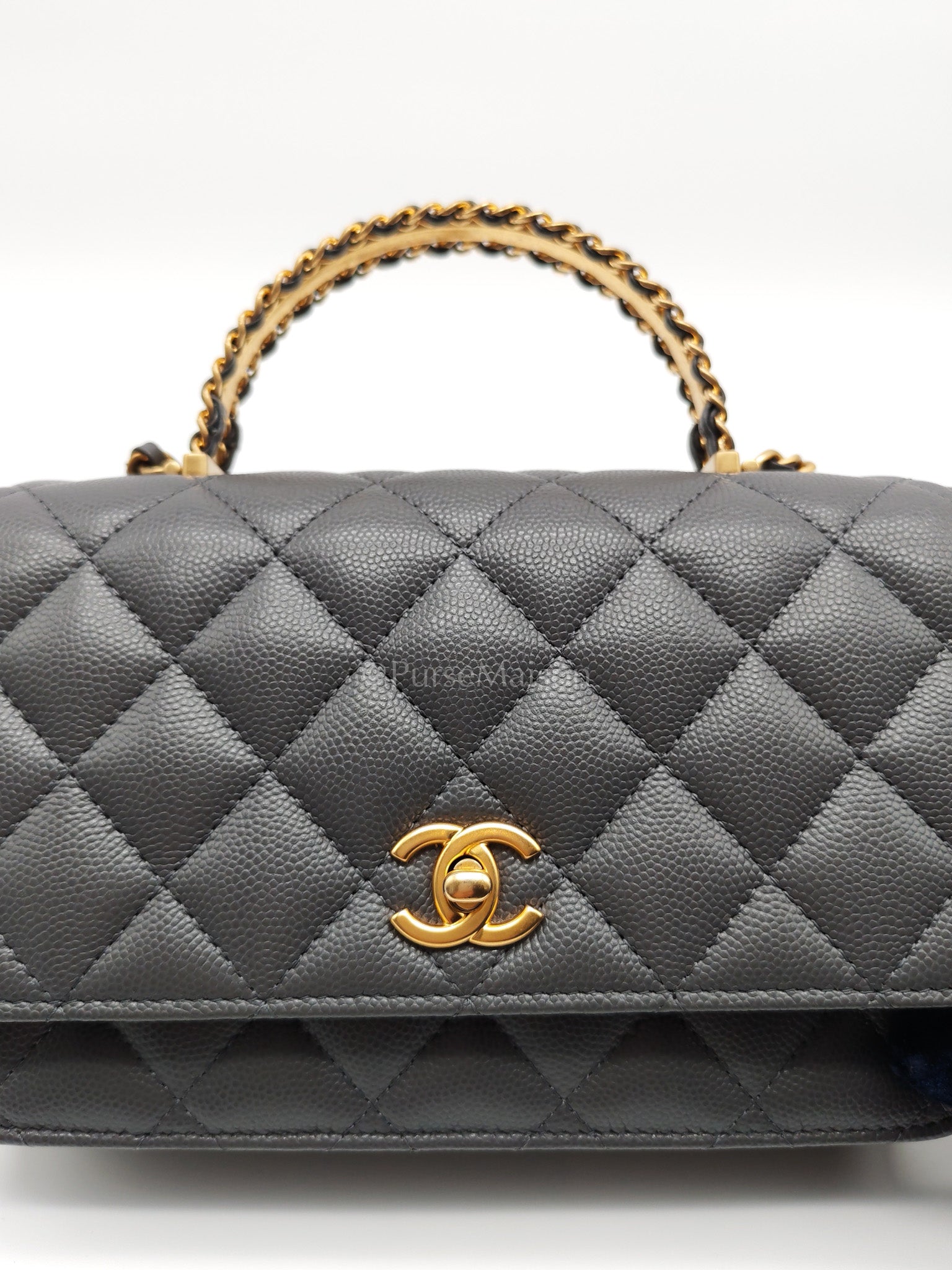 Wallet on Chain (WOC) Top Handle in Gray Quilted Caviar Leather and Aged Gold Hardware (Microchip) | Purse Maison Luxury Bags Shop