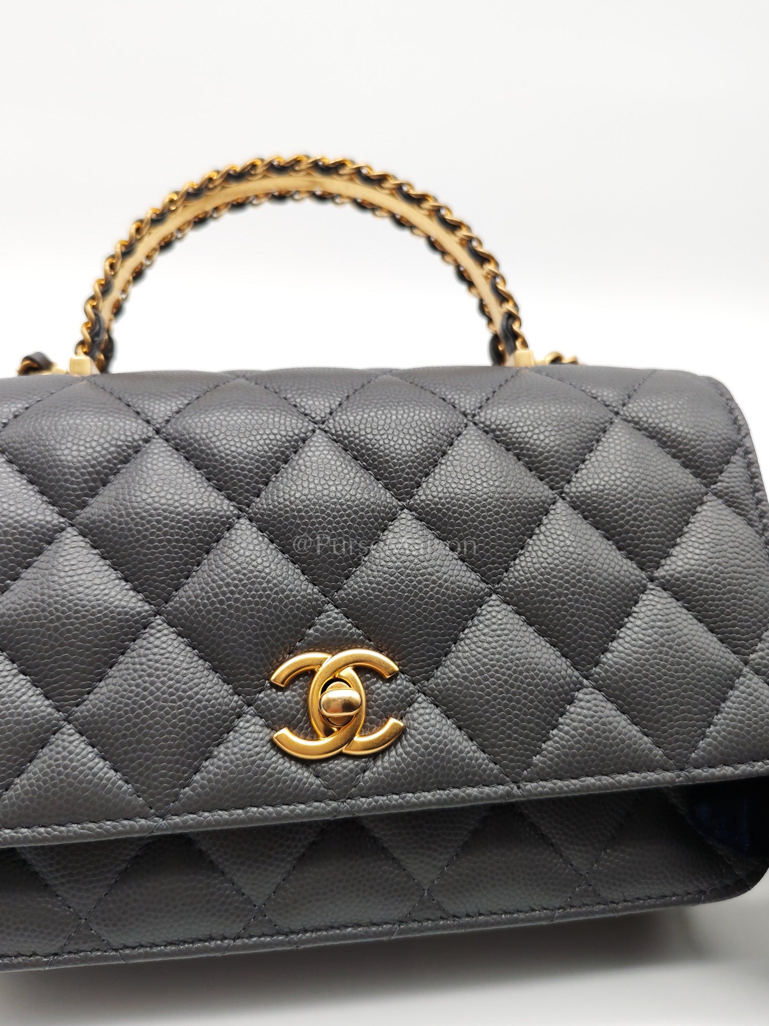 Wallet on Chain (WOC) Top Handle in Gray Quilted Caviar Leather and Aged Gold Hardware (Microchip) | Purse Maison Luxury Bags Shop