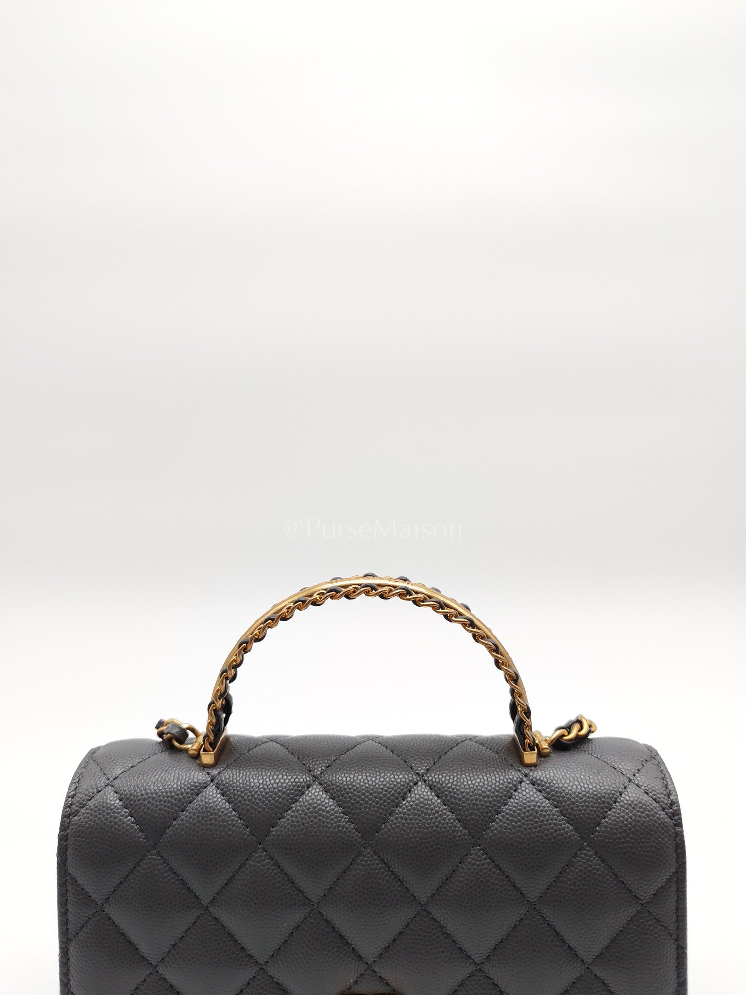 Wallet on Chain (WOC) Top Handle in Gray Quilted Caviar Leather and Aged Gold Hardware (Microchip) | Purse Maison Luxury Bags Shop