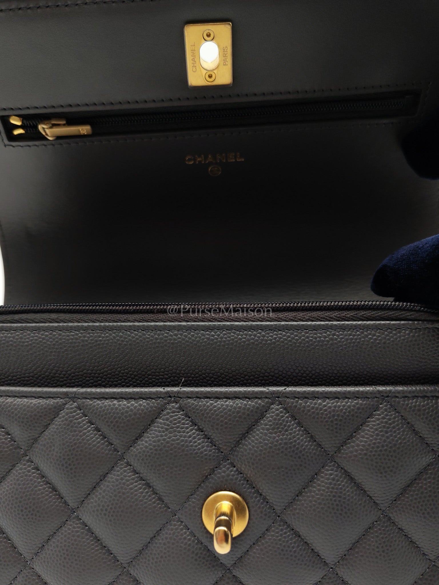 Wallet on Chain (WOC) Top Handle in Gray Quilted Caviar Leather and Aged Gold Hardware (Microchip) | Purse Maison Luxury Bags Shop