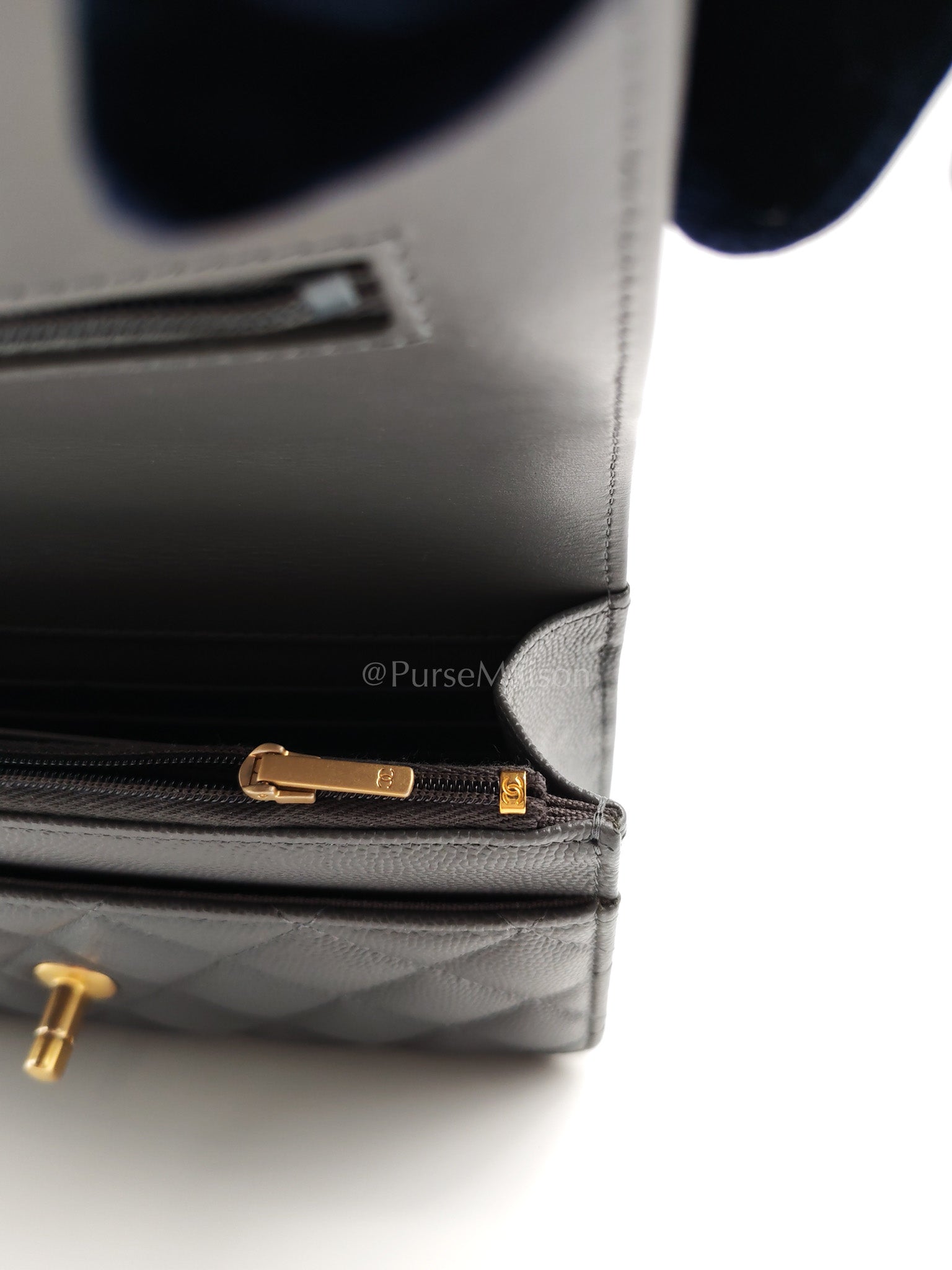 Wallet on Chain (WOC) Top Handle in Gray Quilted Caviar Leather and Aged Gold Hardware (Microchip) | Purse Maison Luxury Bags Shop