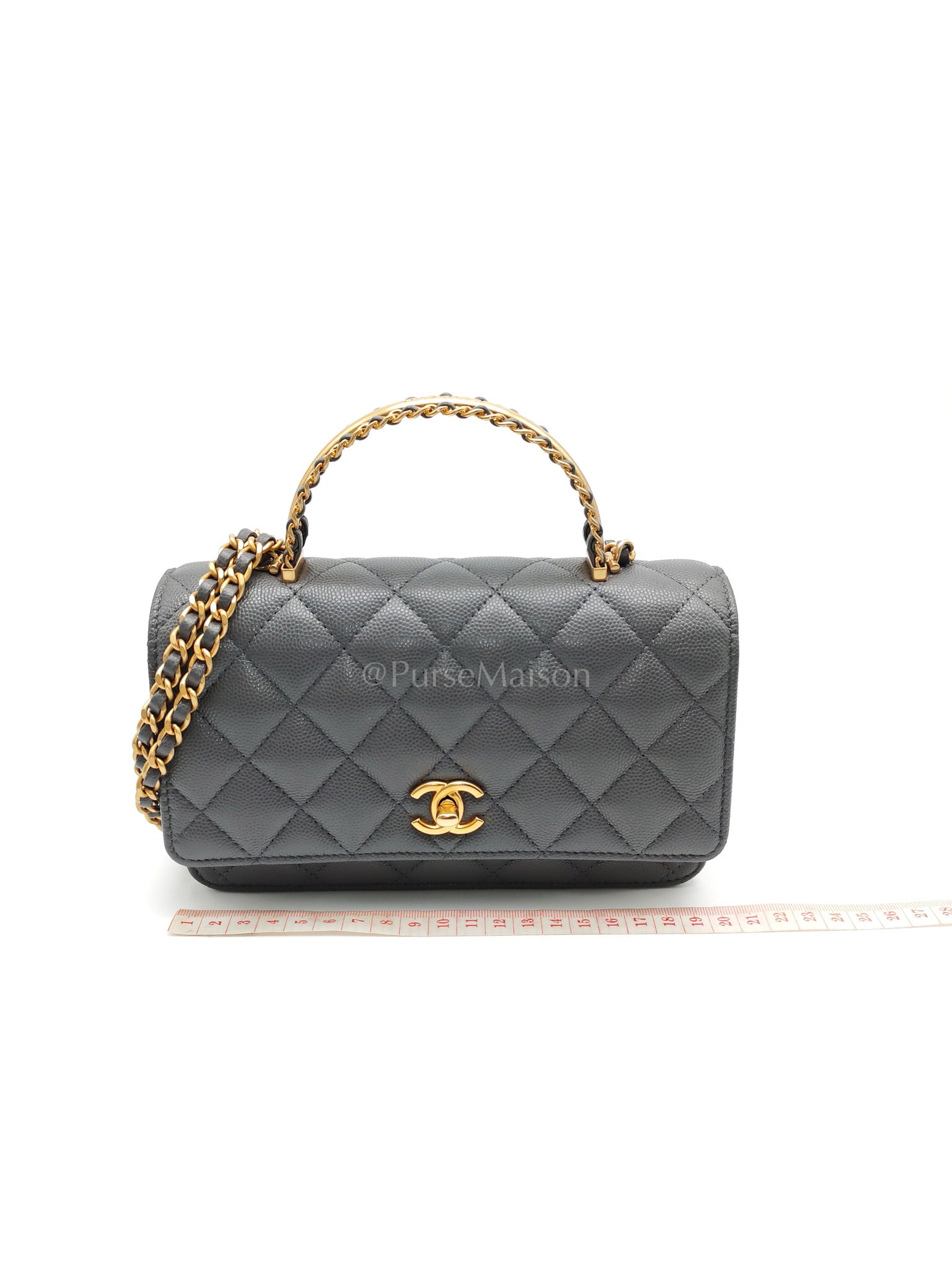 Wallet on Chain (WOC) Top Handle in Gray Quilted Caviar Leather and Aged Gold Hardware (Microchip) | Purse Maison Luxury Bags Shop