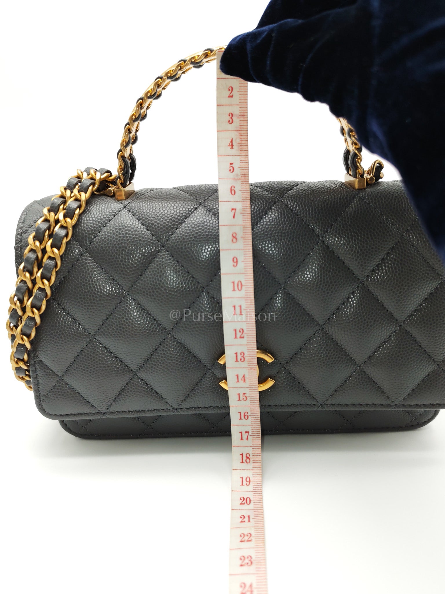 Wallet on Chain (WOC) Top Handle in Gray Quilted Caviar Leather and Aged Gold Hardware (Microchip) | Purse Maison Luxury Bags Shop