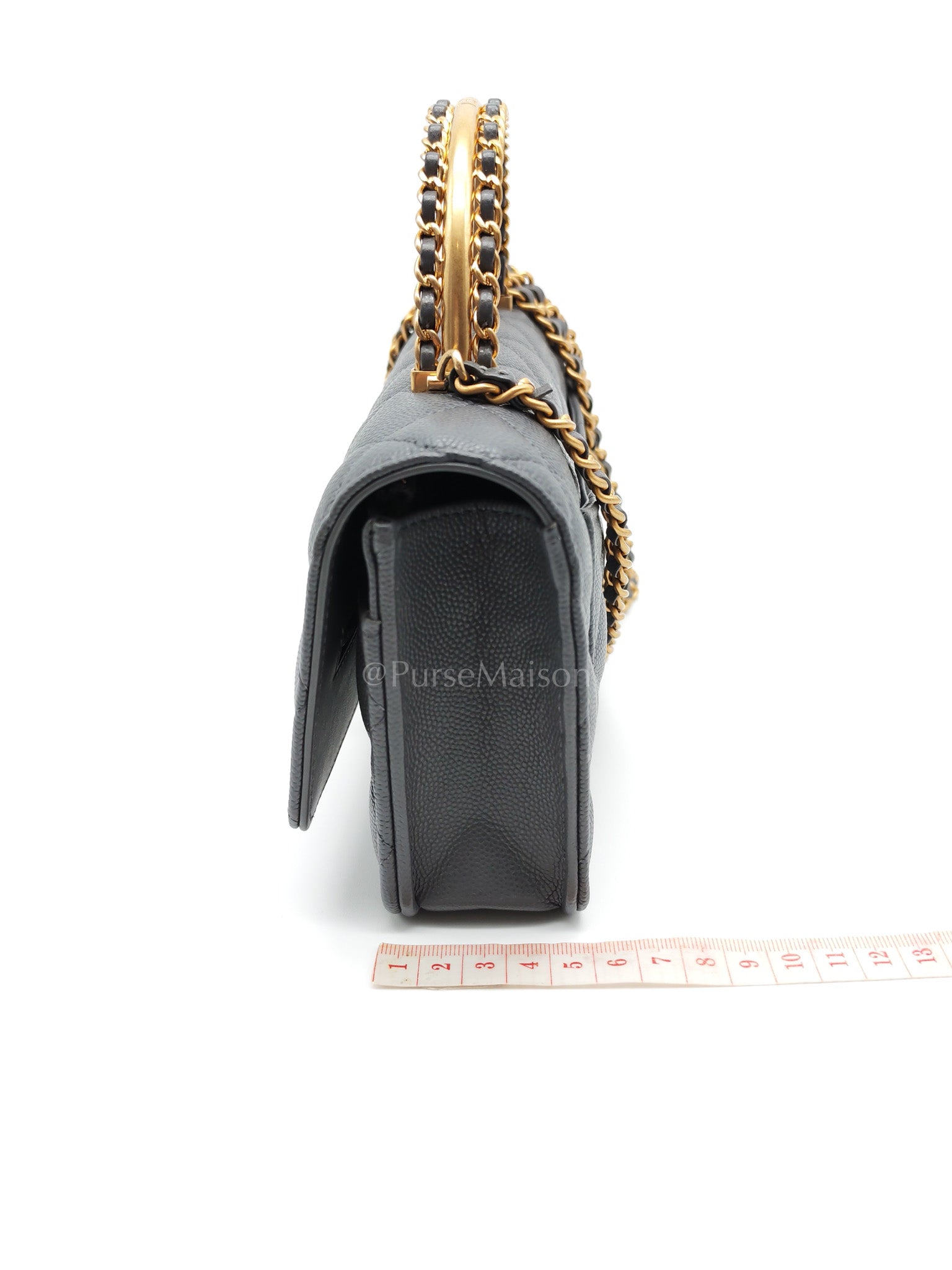 Wallet on Chain (WOC) Top Handle in Gray Quilted Caviar Leather and Aged Gold Hardware (Microchip) | Purse Maison Luxury Bags Shop