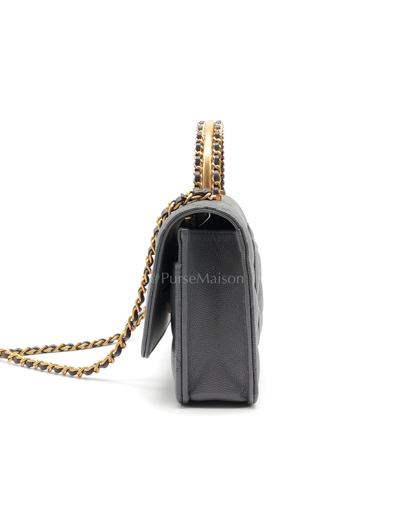 Wallet on Chain (WOC) Top Handle in Gray Quilted Caviar Leather and Aged Gold Hardware (Microchip) | Purse Maison Luxury Bags Shop