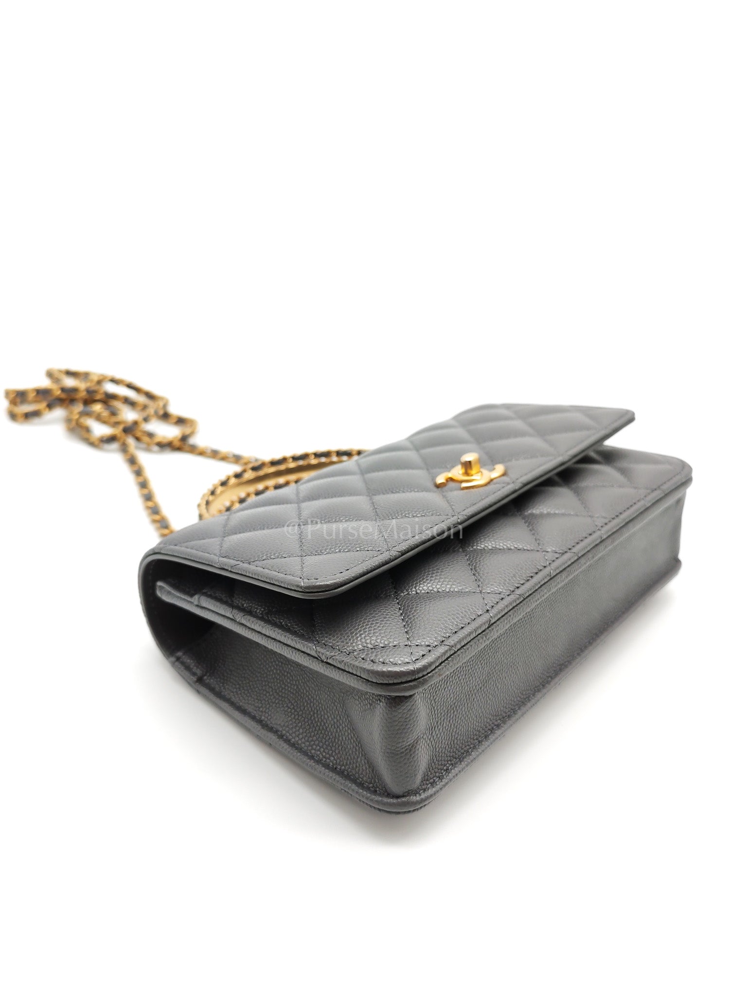 Wallet on Chain (WOC) Top Handle in Gray Quilted Caviar Leather and Aged Gold Hardware (Microchip) | Purse Maison Luxury Bags Shop