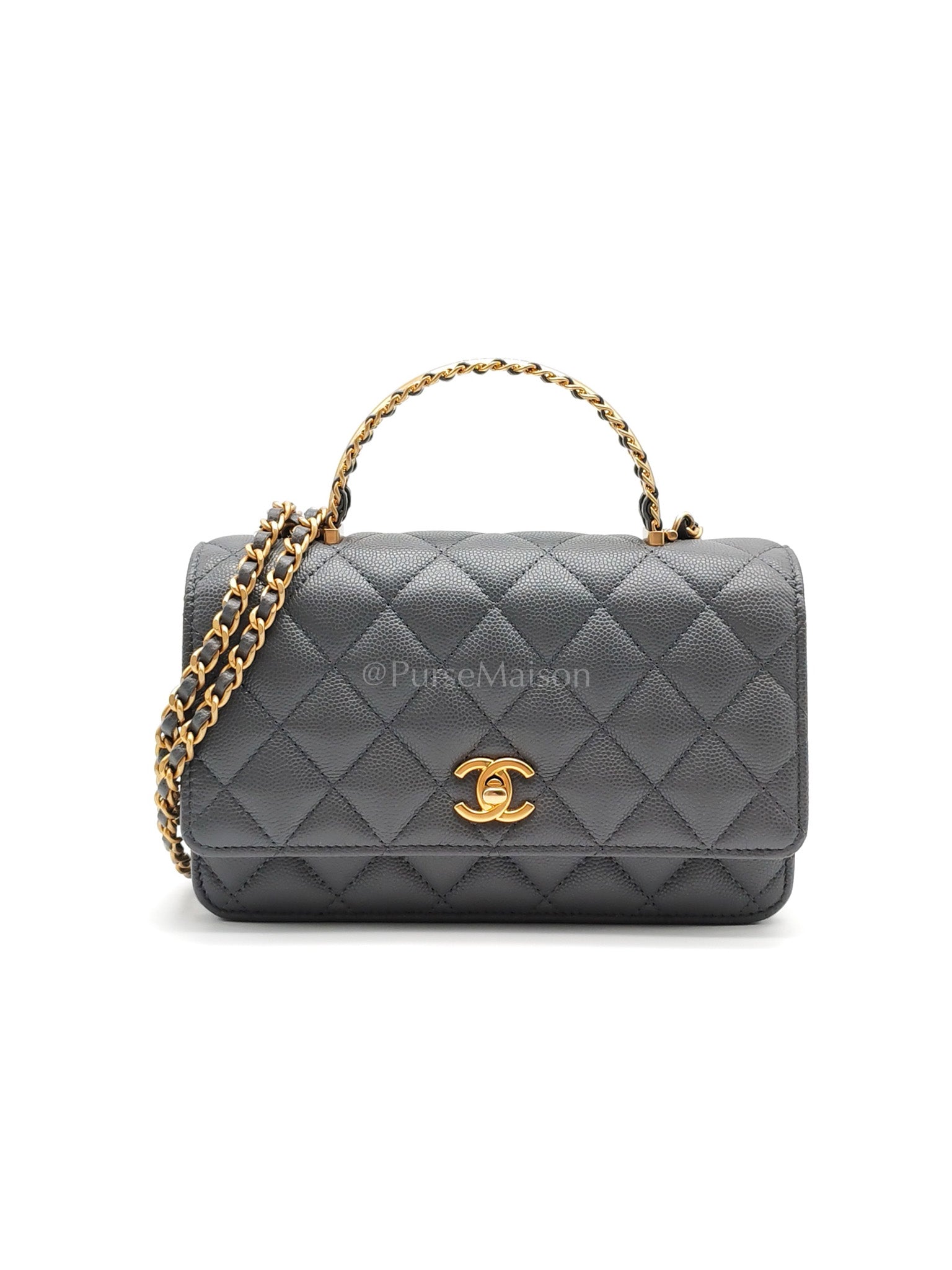 Wallet on Chain (WOC) Top Handle in Gray Quilted Caviar Leather and Aged Gold Hardware (Microchip) | Purse Maison Luxury Bags Shop