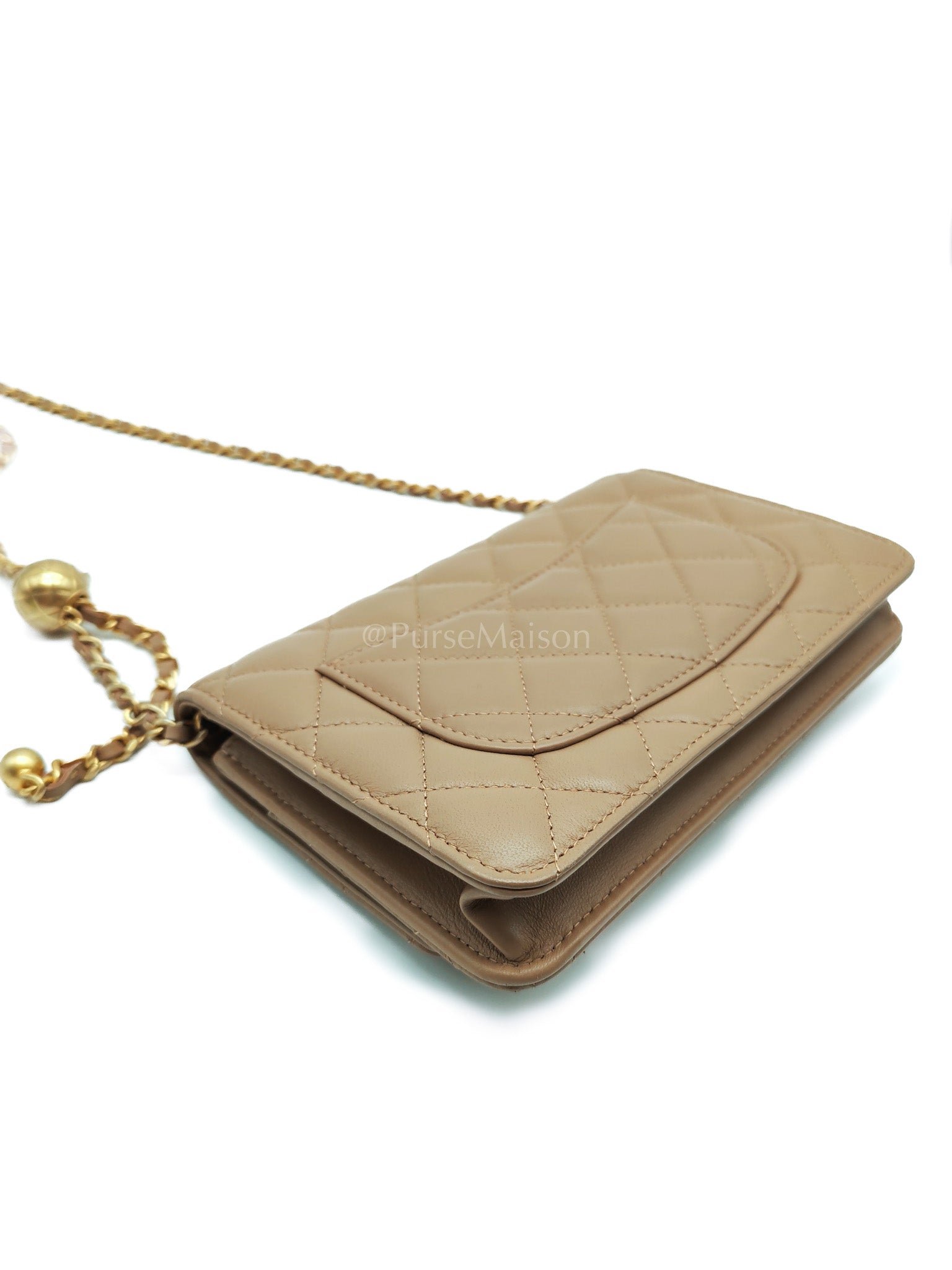 Wallet On Chain(Adjustable Strap) in Dark Beige Lambskin Aged Gold Hardware (Microchip) | Purse Maison Luxury Bags Shop
