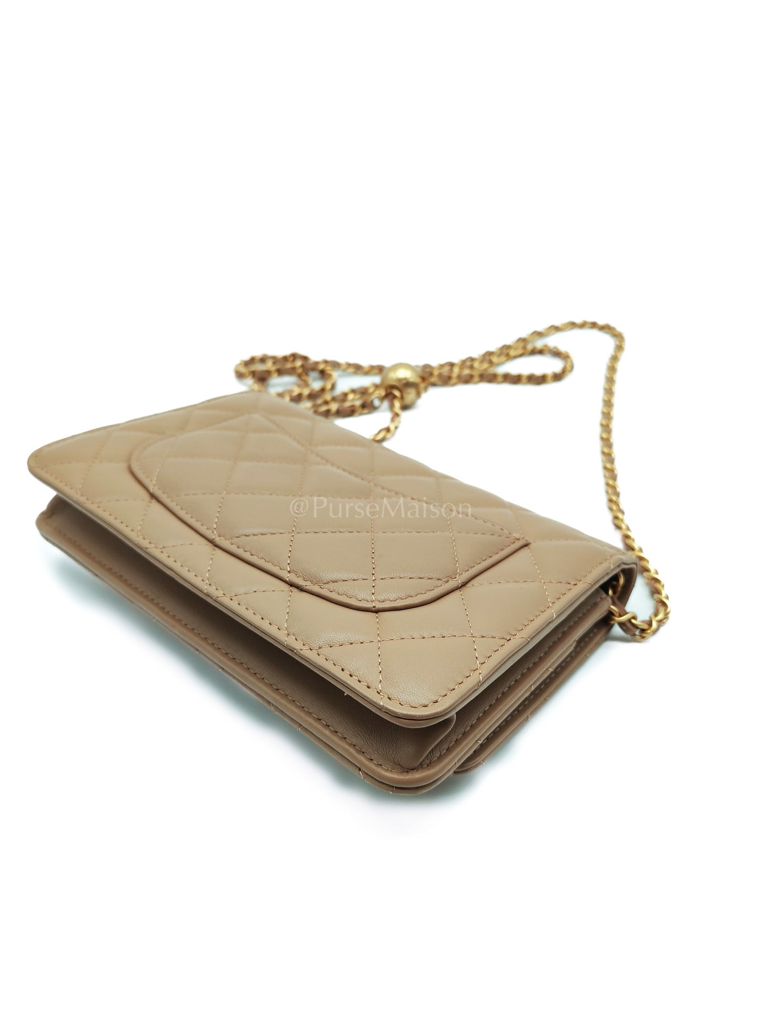 Wallet On Chain(Adjustable Strap) in Dark Beige Lambskin Aged Gold Hardware (Microchip) | Purse Maison Luxury Bags Shop