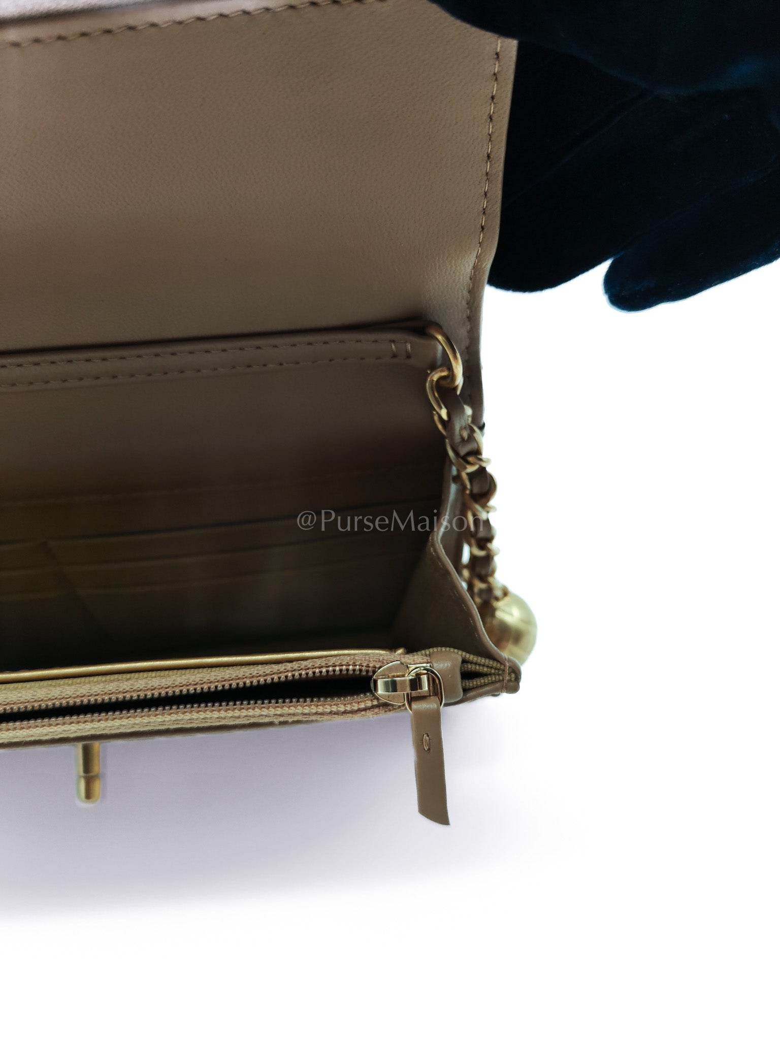 Wallet On Chain(Adjustable Strap) in Dark Beige Lambskin Aged Gold Hardware (Microchip) | Purse Maison Luxury Bags Shop