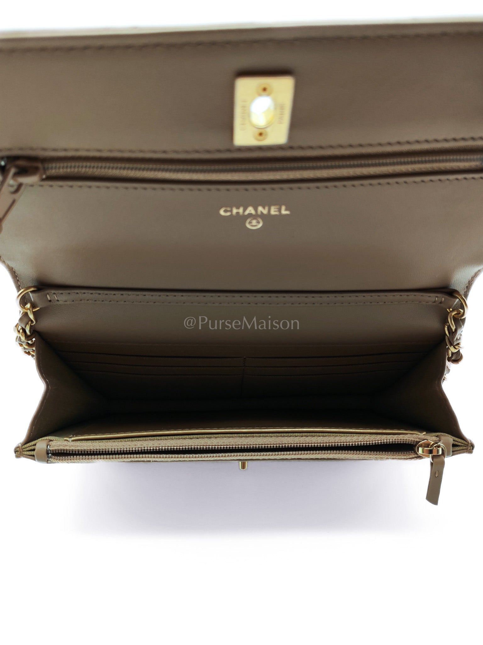 Wallet On Chain(Adjustable Strap) in Dark Beige Lambskin Aged Gold Hardware (Microchip) | Purse Maison Luxury Bags Shop