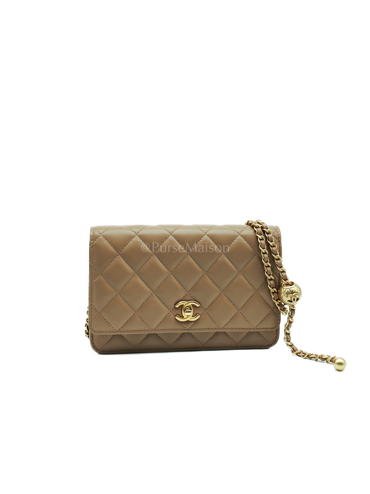 Wallet On Chain(Adjustable Strap) in Dark Beige Lambskin Aged Gold Hardware (Microchip) | Purse Maison Luxury Bags Shop