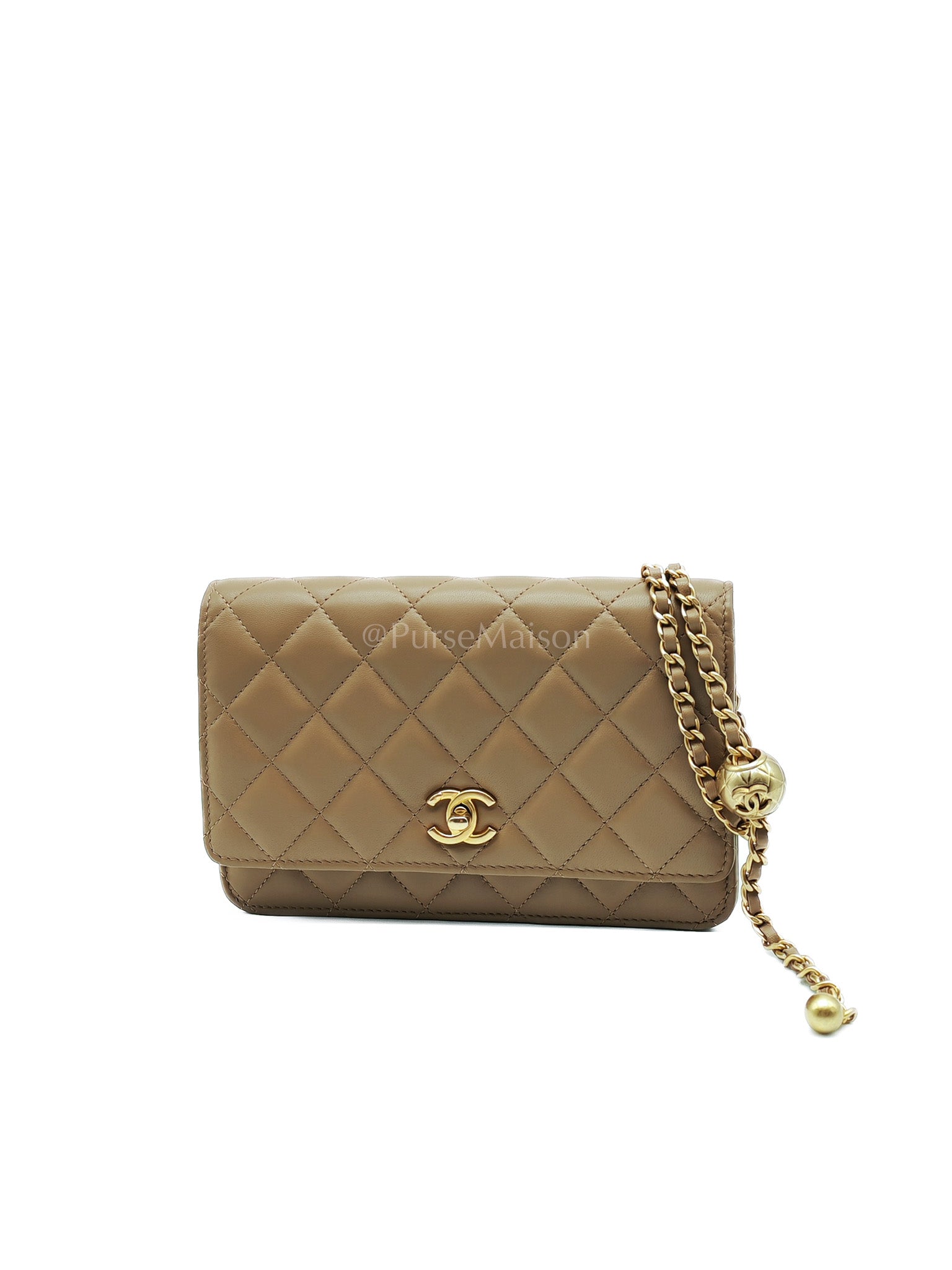 Wallet On Chain(Adjustable Strap) in Dark Beige Lambskin Aged Gold Hardware (Microchip) | Purse Maison Luxury Bags Shop