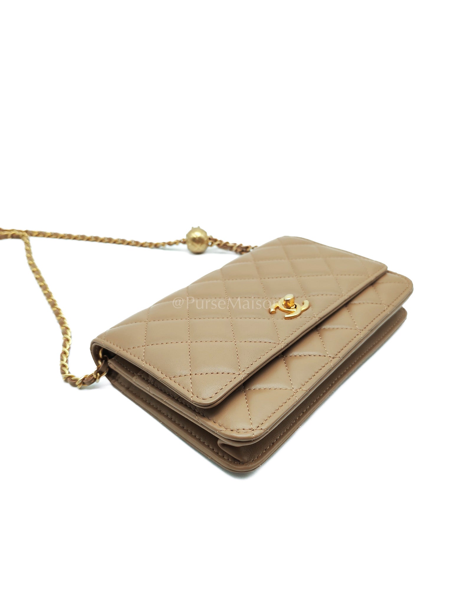 Wallet On Chain(Adjustable Strap) in Dark Beige Lambskin Aged Gold Hardware (Microchip) | Purse Maison Luxury Bags Shop