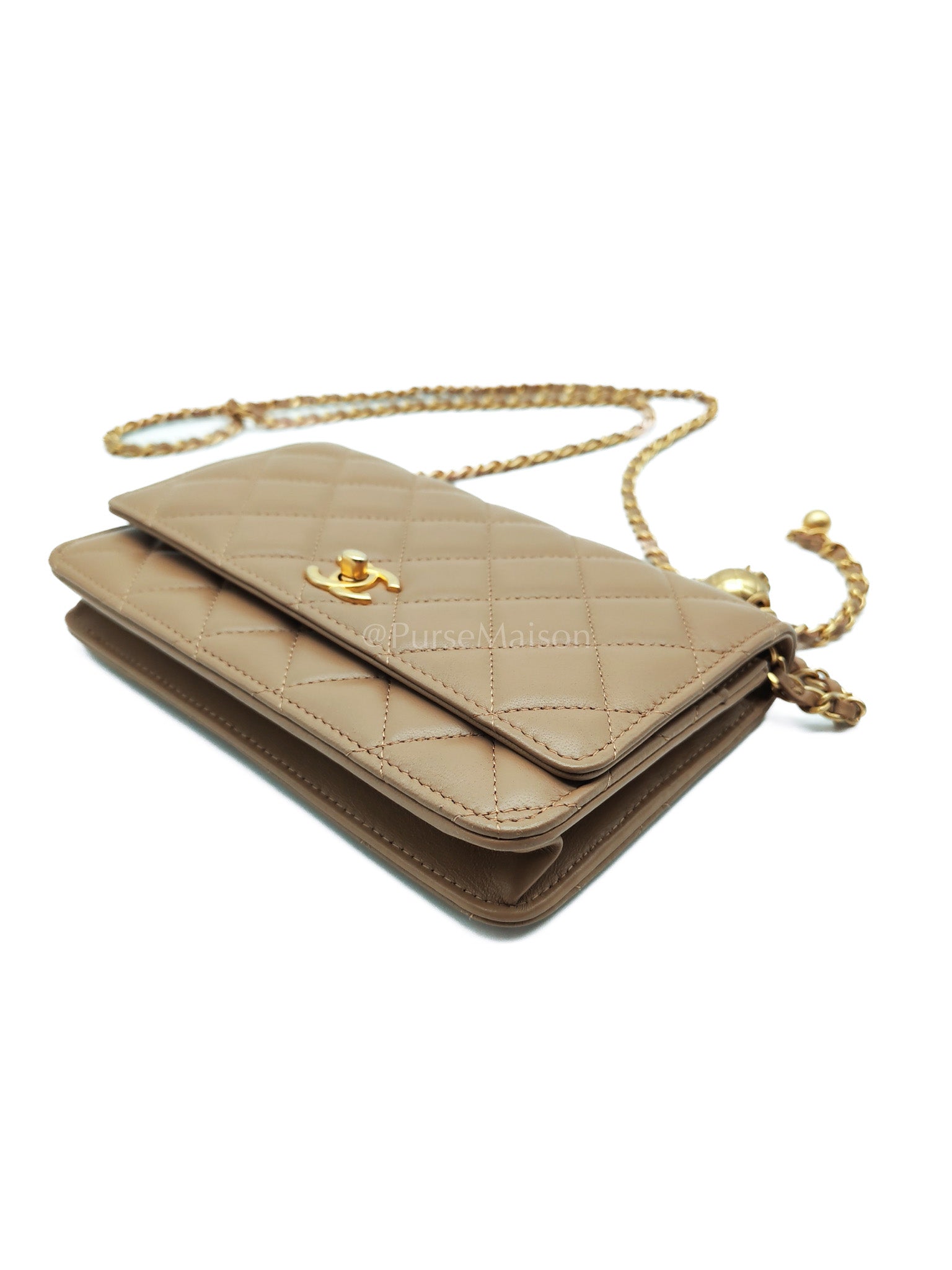 Wallet On Chain(Adjustable Strap) in Dark Beige Lambskin Aged Gold Hardware (Microchip) | Purse Maison Luxury Bags Shop