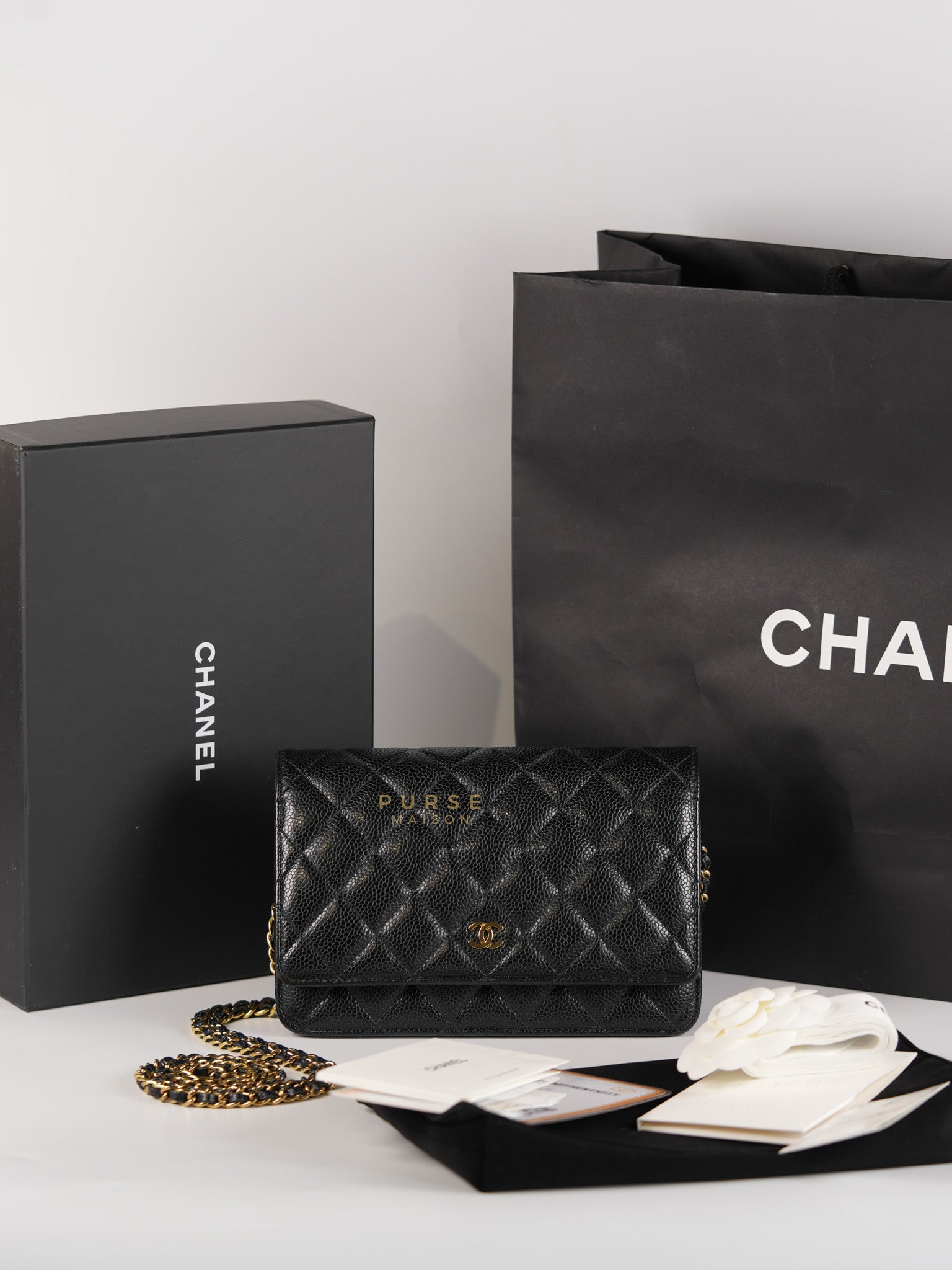 Wallet on Chain(WOC) in Black Quilted Caviar Leather & Gold Hardware Microchip(2022) | Purse Maison Luxury Bags Shop