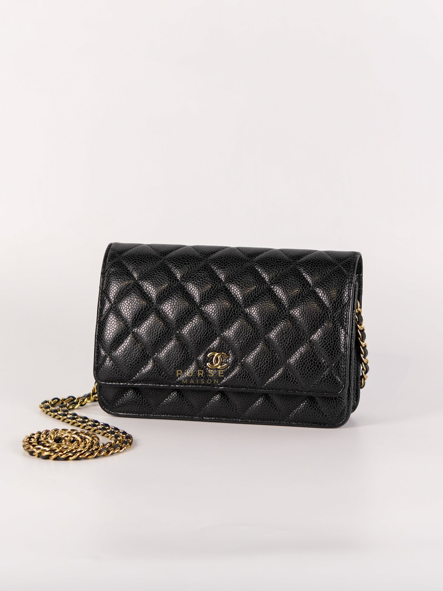 Wallet on Chain(WOC) in Black Quilted Caviar Leather & Gold Hardware Microchip(2022) | Purse Maison Luxury Bags Shop