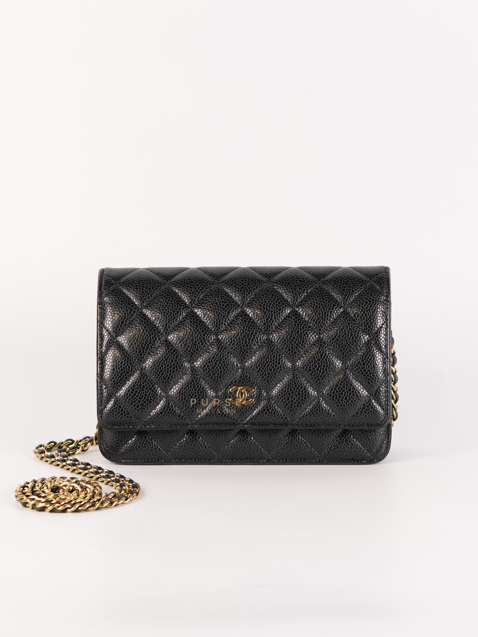 Wallet on Chain(WOC) in Black Quilted Caviar Leather & Gold Hardware Microchip(2022) | Purse Maison Luxury Bags Shop