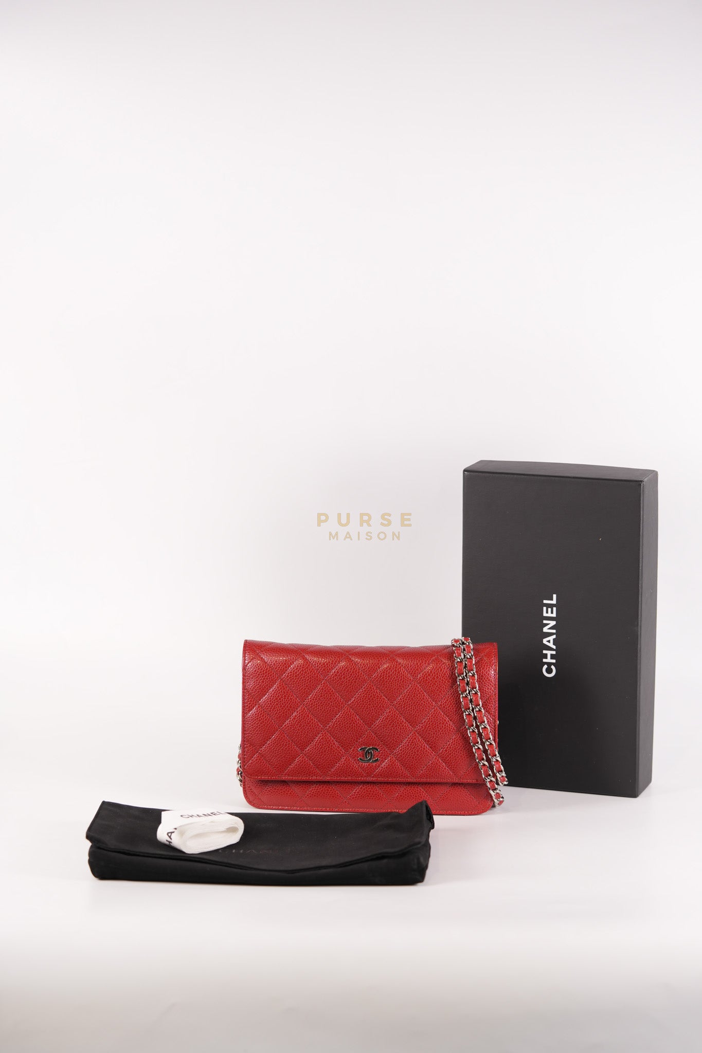 Wallet on Chain(WOC) in Red Caviar Leather Silver Hardware (Series 21) | Purse Maison Luxury Bags Shop