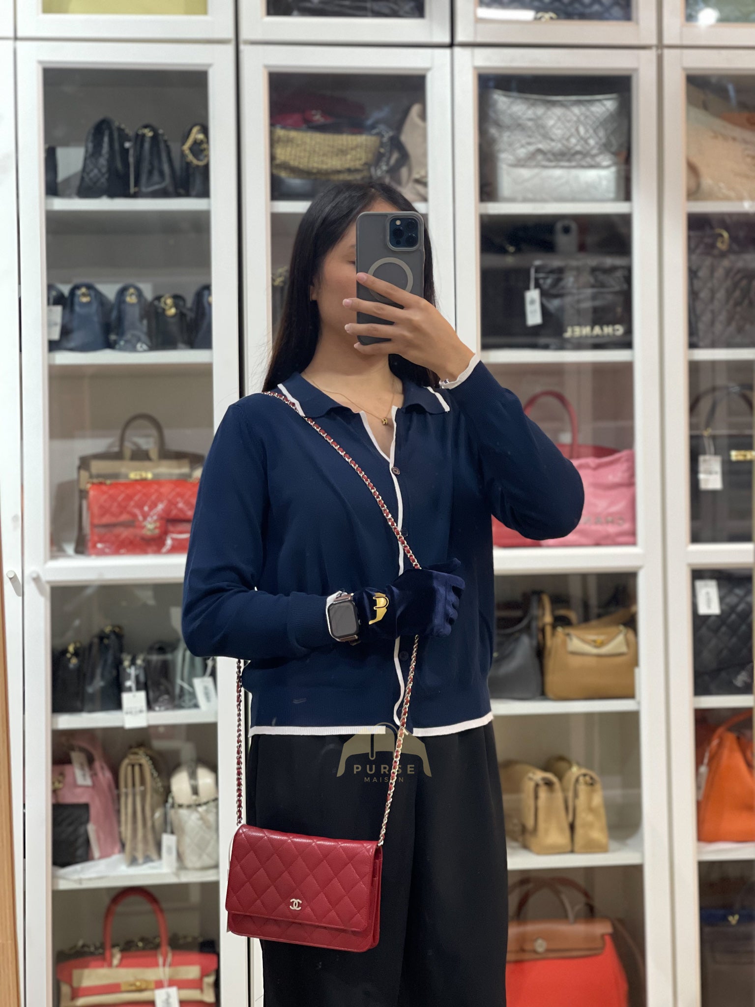 Wallet on Chain(WOC) in Red Caviar Leather Silver Hardware (Series 21) | Purse Maison Luxury Bags Shop