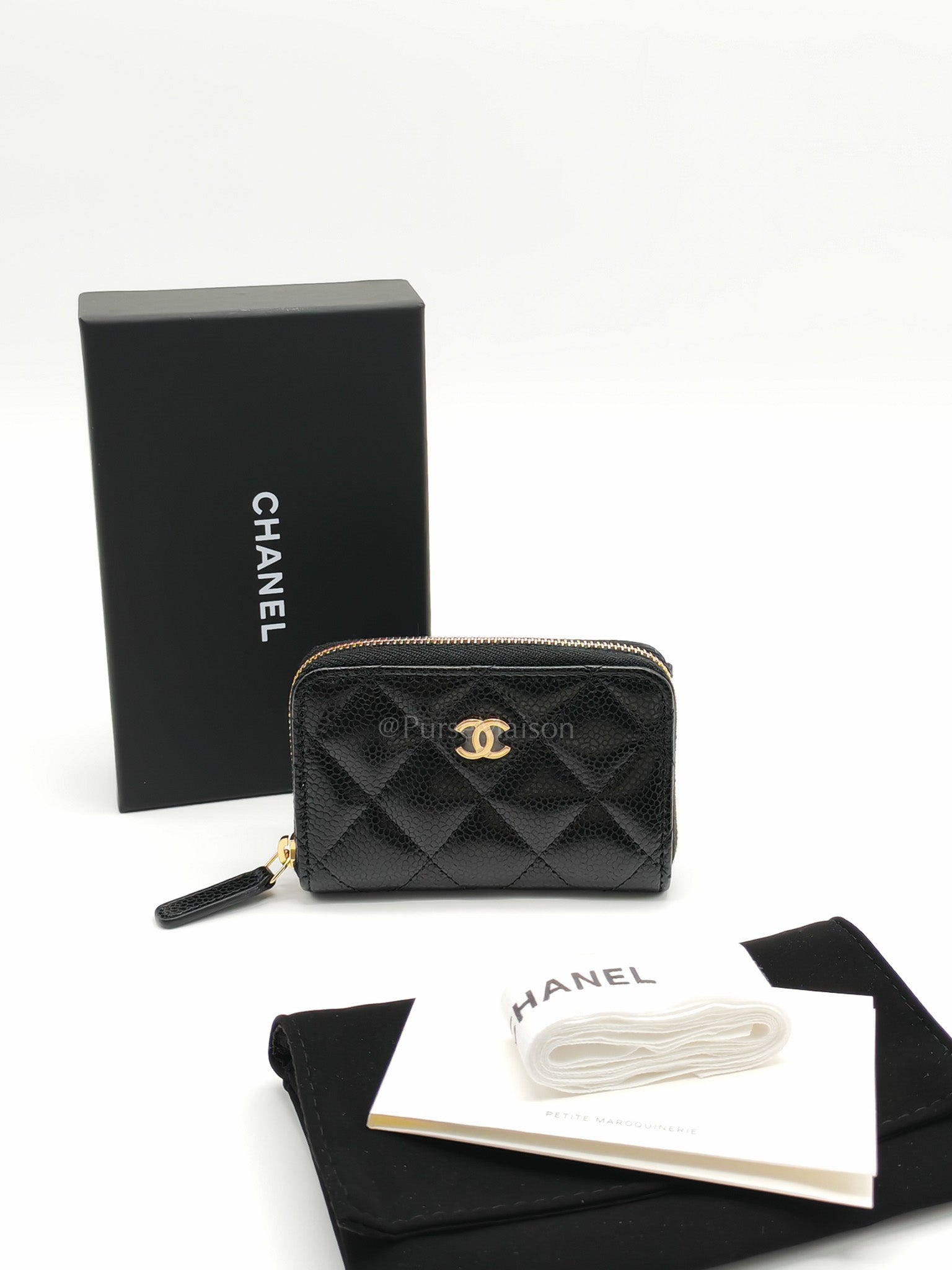 Zipped Card Holder in Black Caviar Leather & Gold Hardware Microchip