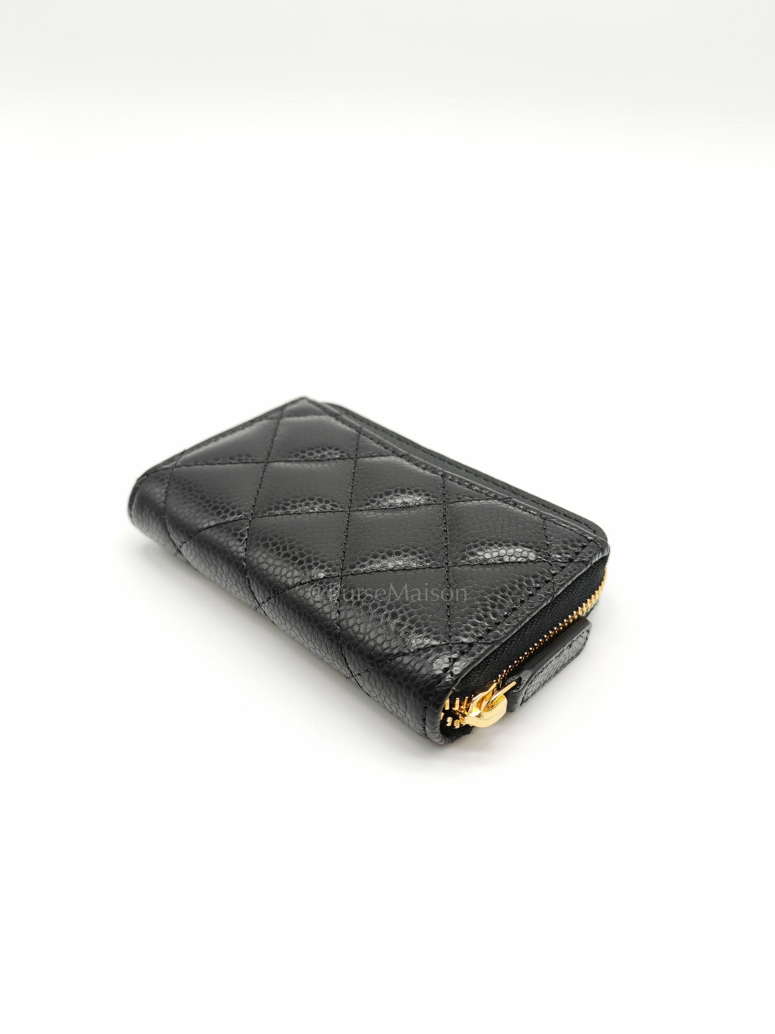 Zipped Card Holder in Black Caviar Leather & Gold Hardware Microchip
