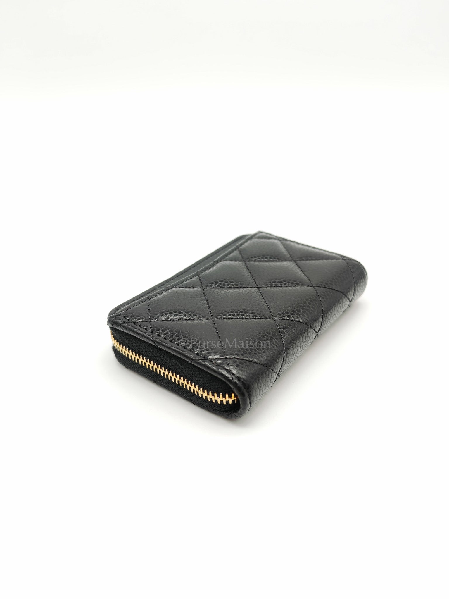 Zipped Card Holder in Black Caviar Leather & Gold Hardware Microchip