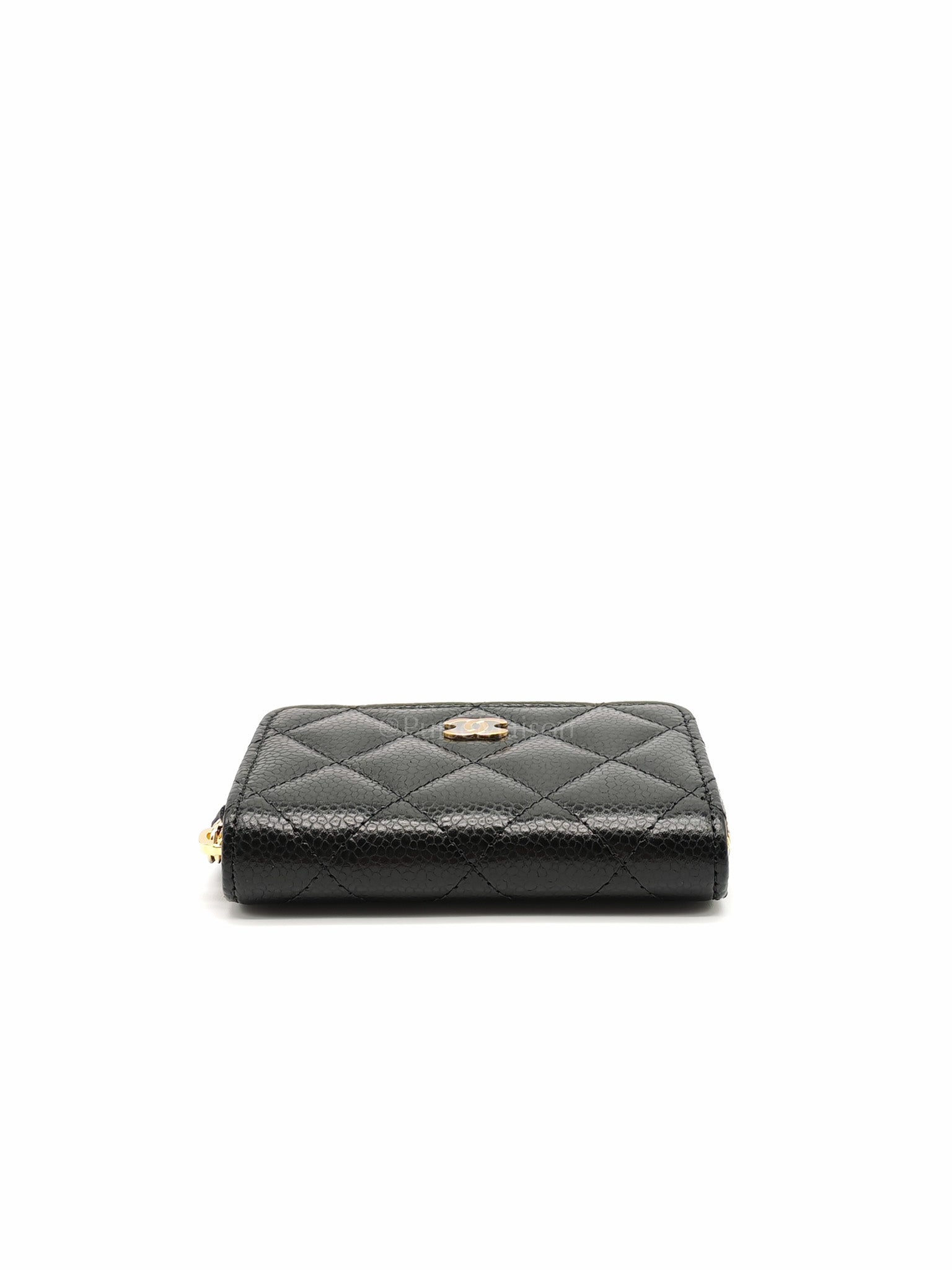 Zipped Card Holder in Black Caviar Leather & Gold Hardware Microchip