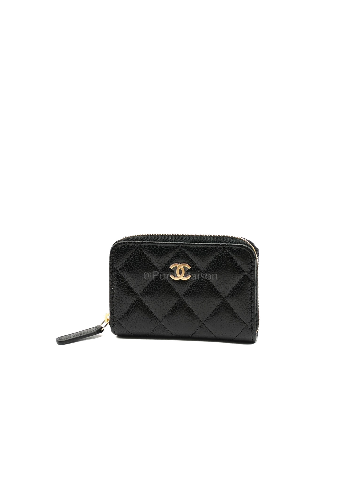 Zipped Card Holder in Black Caviar Leather & Gold Hardware Microchip