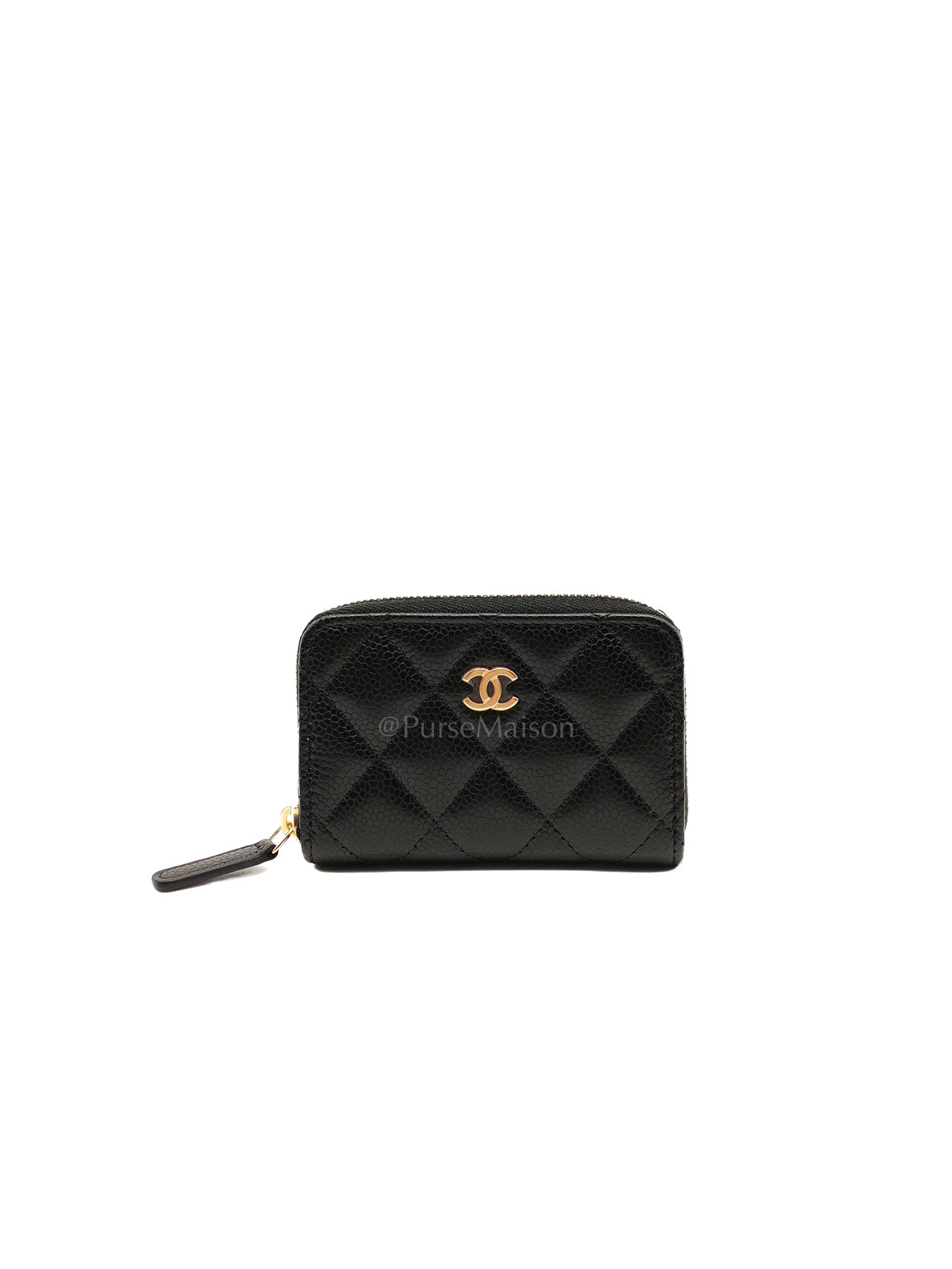 Zipped Card Holder in Black Caviar Leather & Gold Hardware Microchip