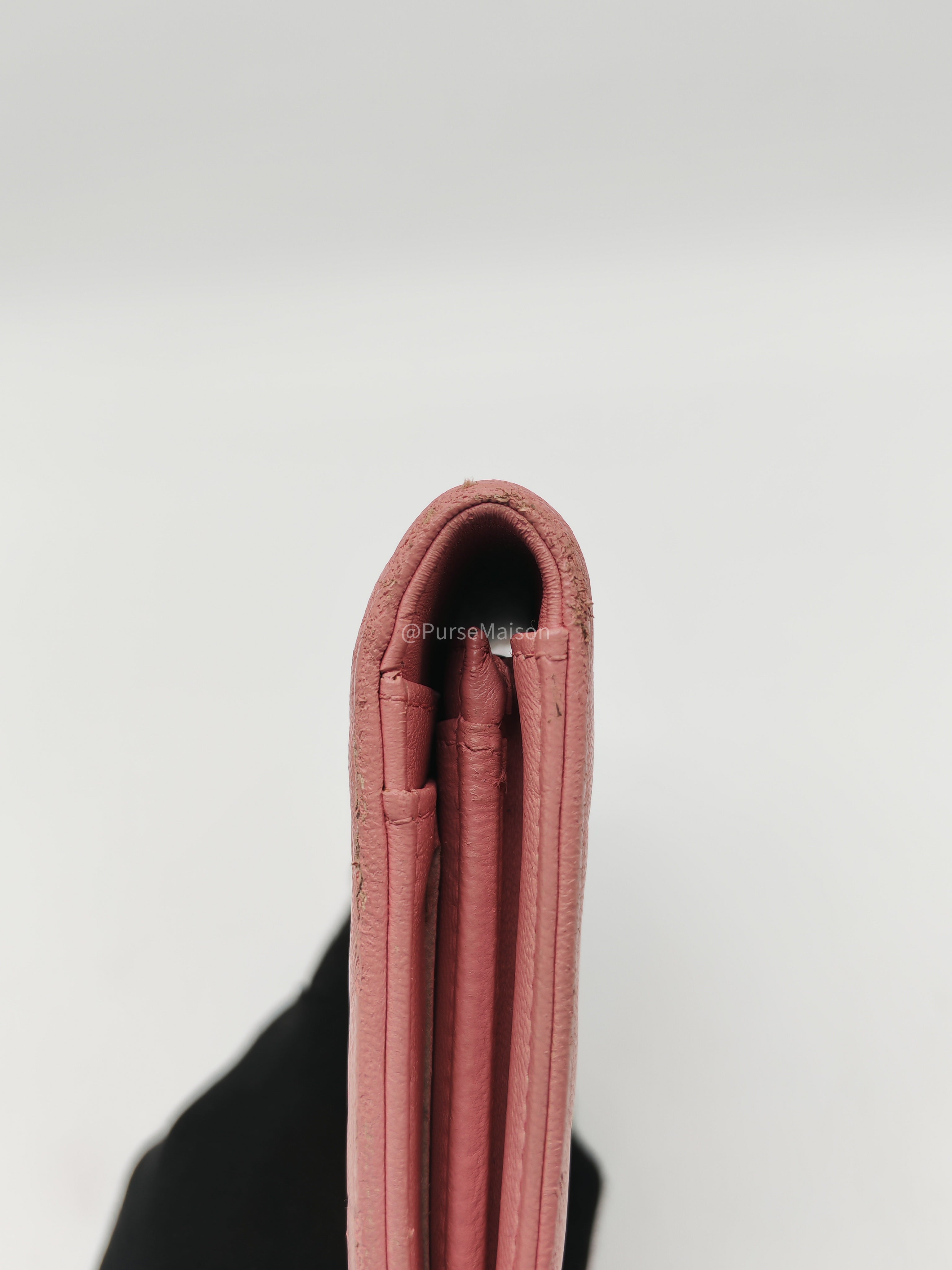 Chanel Camellia Emobossed Long Wallet in Peach Pink Lambskin Leather and Silver Hardware Series 15
