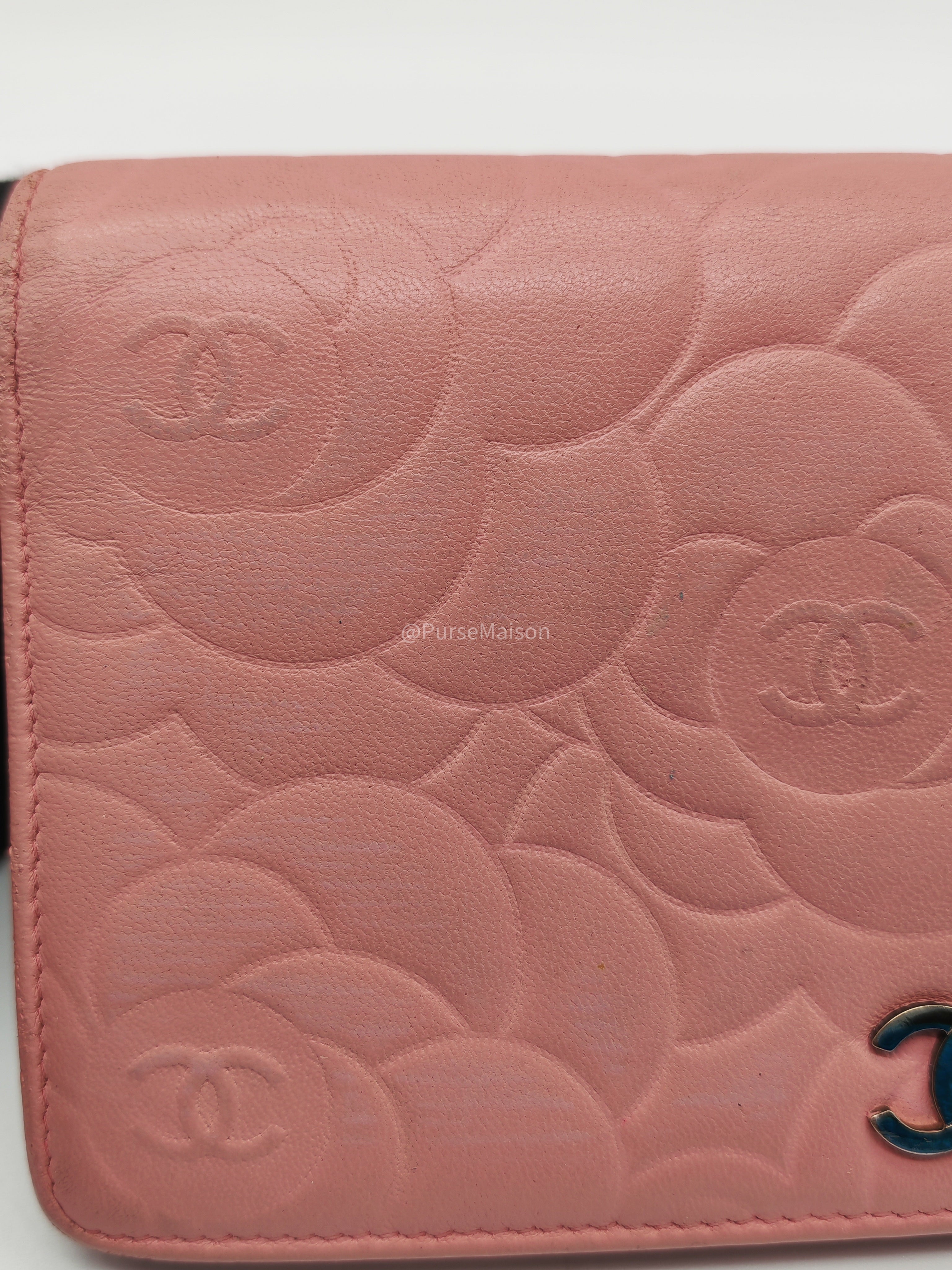 Chanel Camellia Emobossed Long Wallet in Peach Pink Lambskin Leather and Silver Hardware Series 15