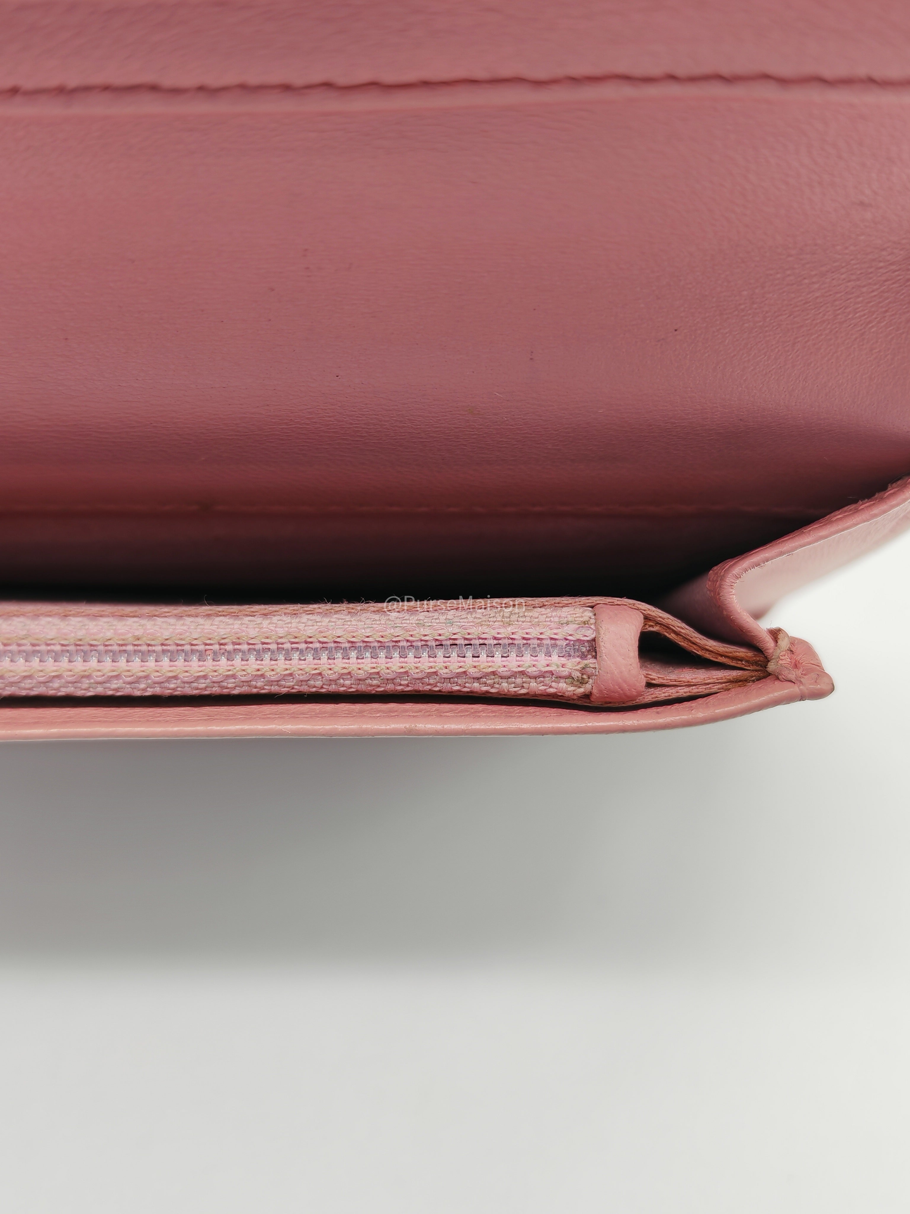 Chanel Camellia Emobossed Long Wallet in Peach Pink Lambskin Leather and Silver Hardware Series 15