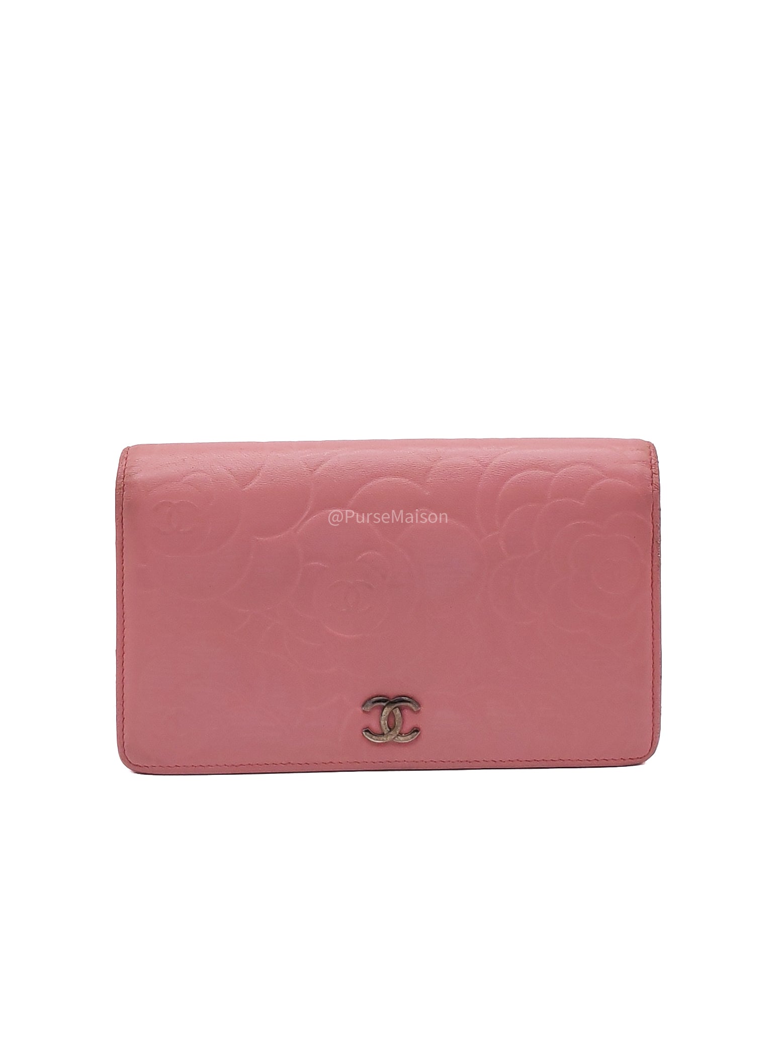 Chanel Camellia Emobossed Long Wallet in Peach Pink Lambskin Leather and Silver Hardware Series 15