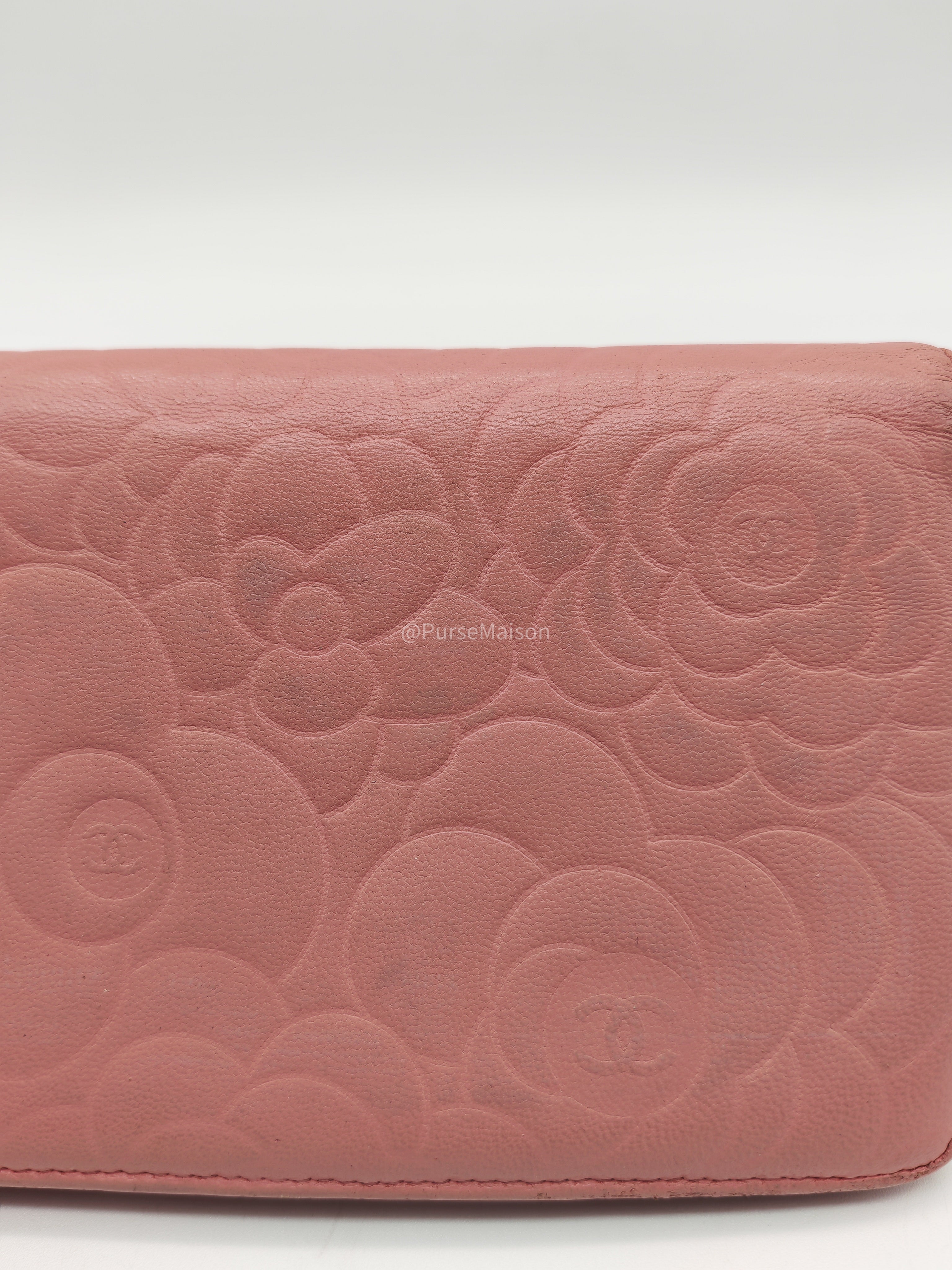 Chanel Camellia Emobossed Long Wallet in Peach Pink Lambskin Leather and Silver Hardware Series 15