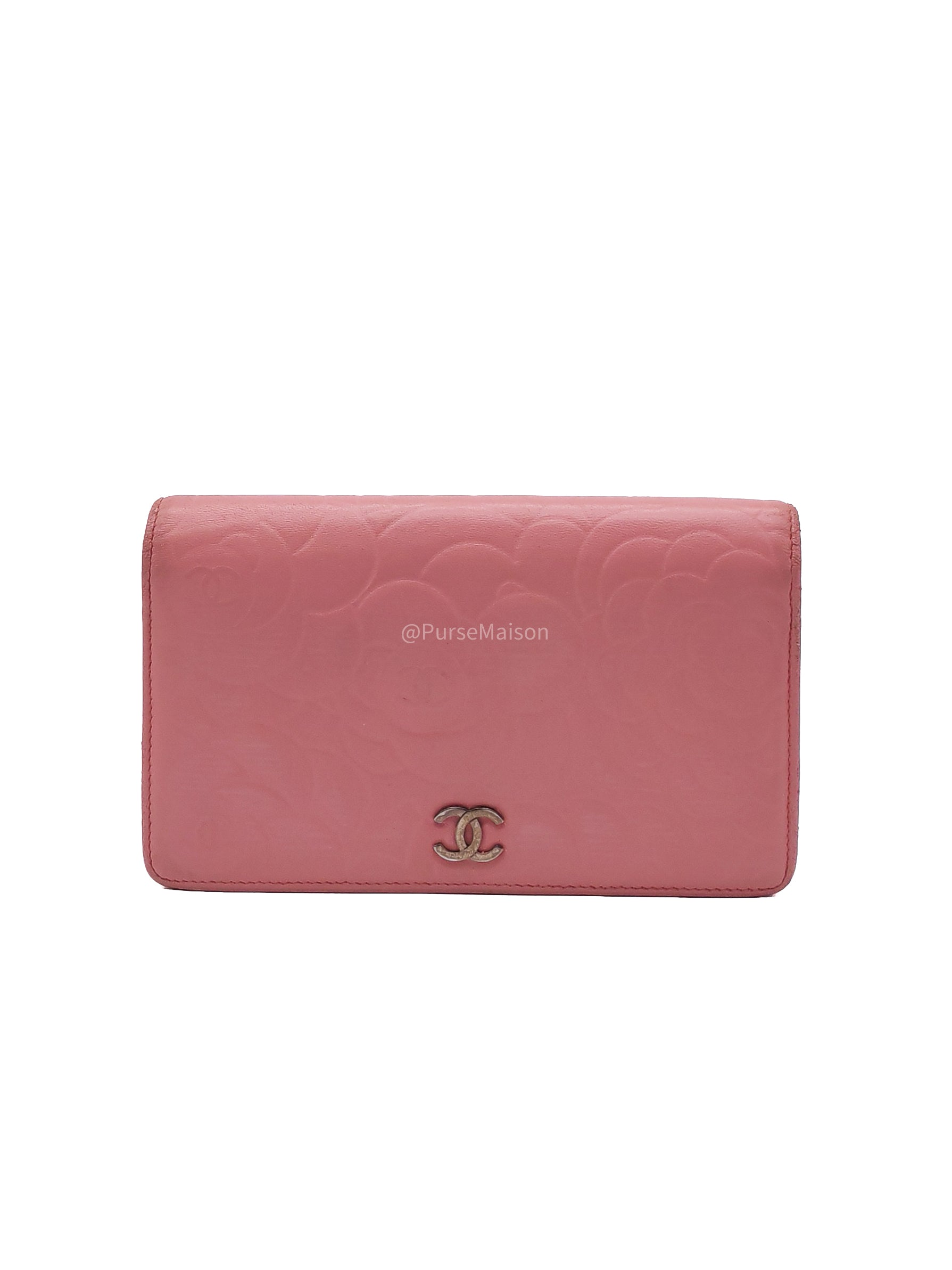 Chanel Camellia Emobossed Long Wallet in Peach Pink Lambskin Leather and Silver Hardware Series 15